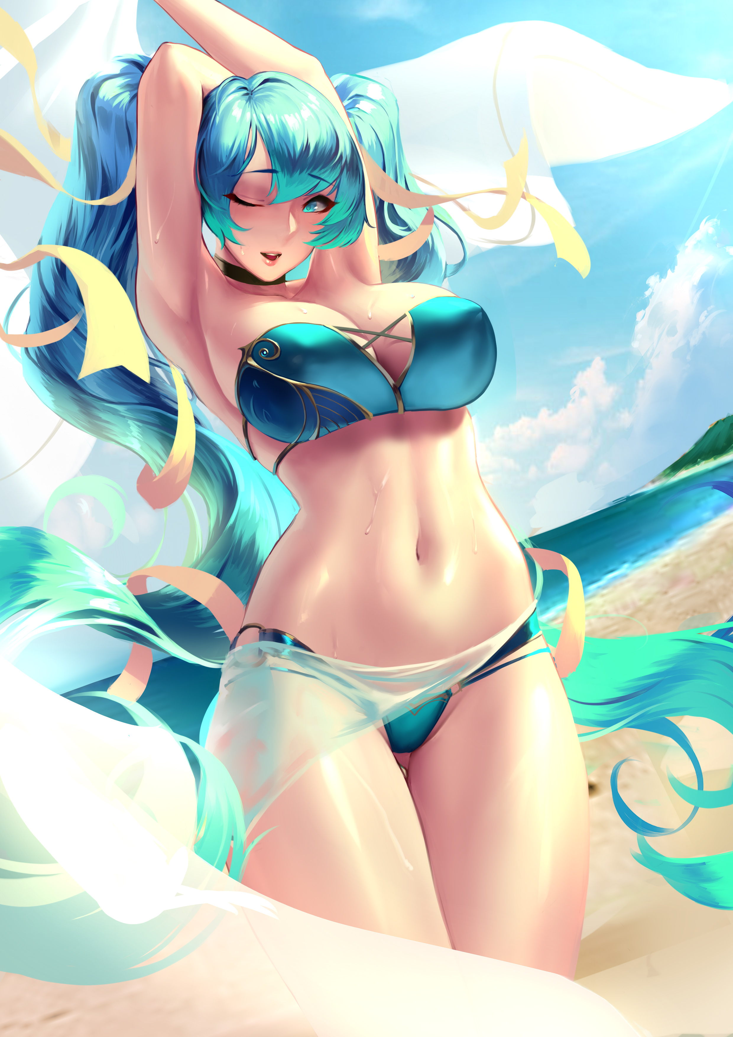Anime 2480x3507 anime girls League of Legends Sona (League of Legends) Cian Yo blue bikini boobs blue hair long hair beach thighs curvy belly