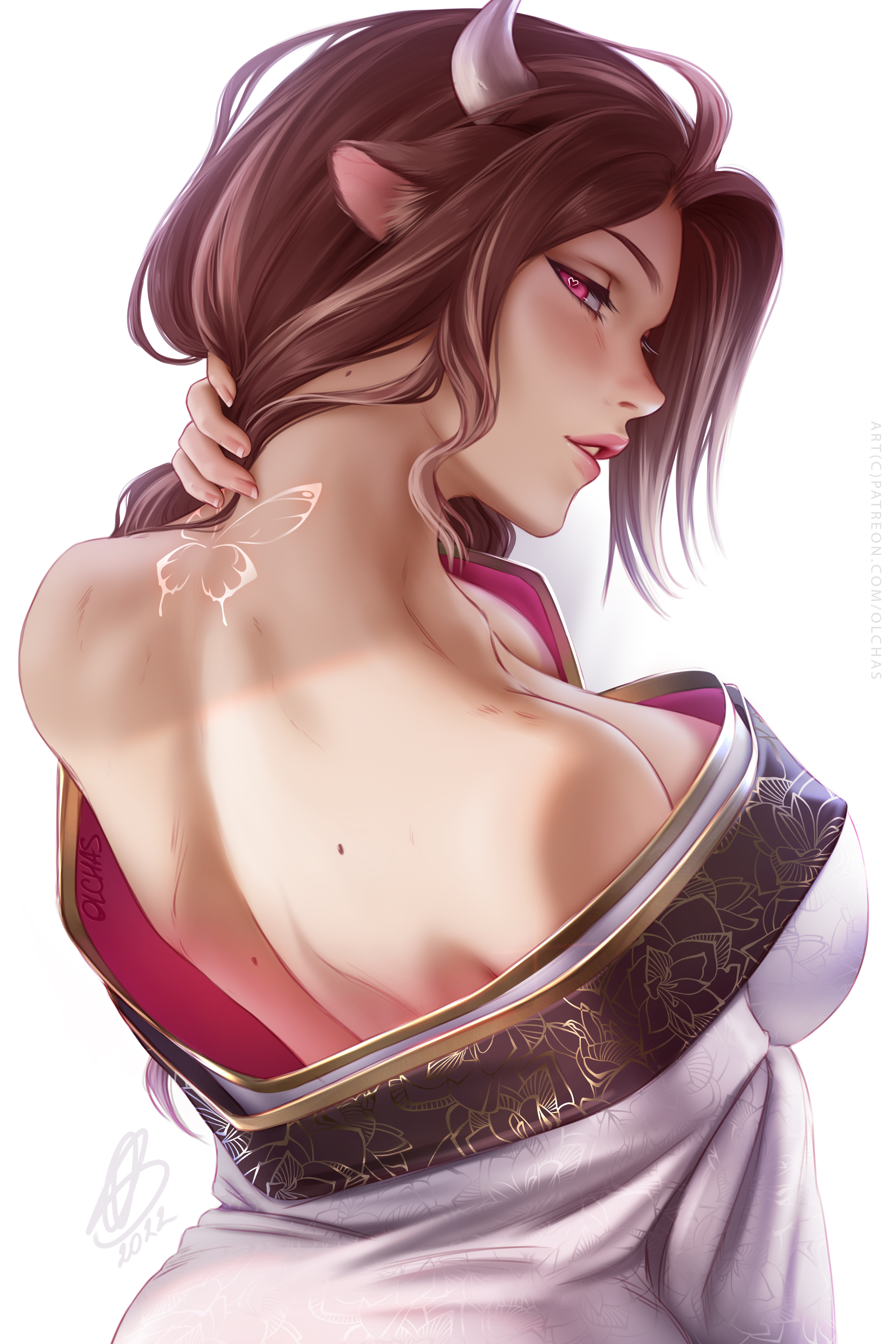 General 2600x3900 Mui (OC) OlchaS original characters cow girl animal ears horns brunette necks bare shoulders no bra kimono parted lips sensual gaze 2D artwork drawing simple background white background cleavage bareback big boobs