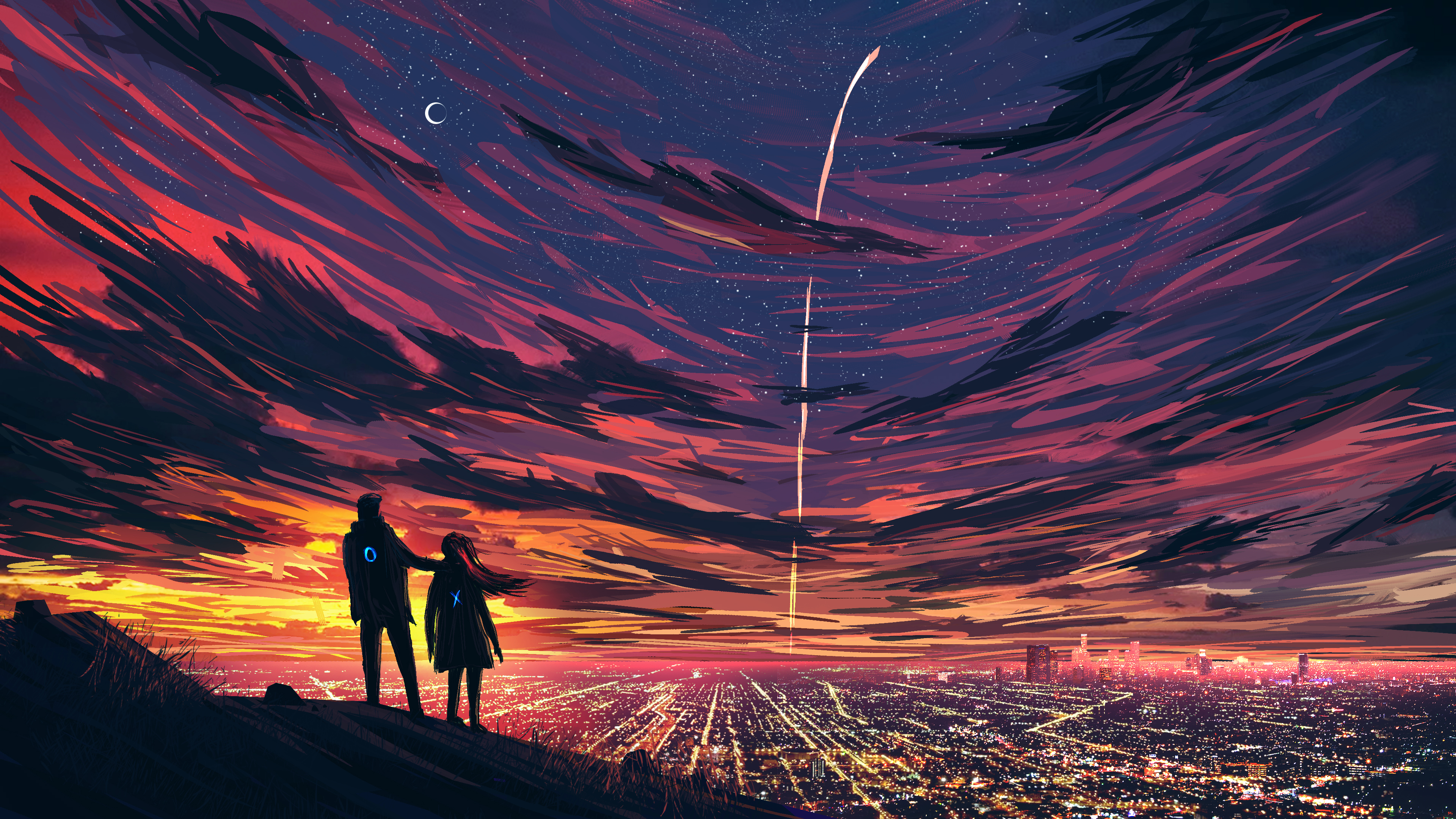 General 3840x2160 Nafay illustration digital art artwork abstract cityscape planet clouds night nightscape city lights couple Moon