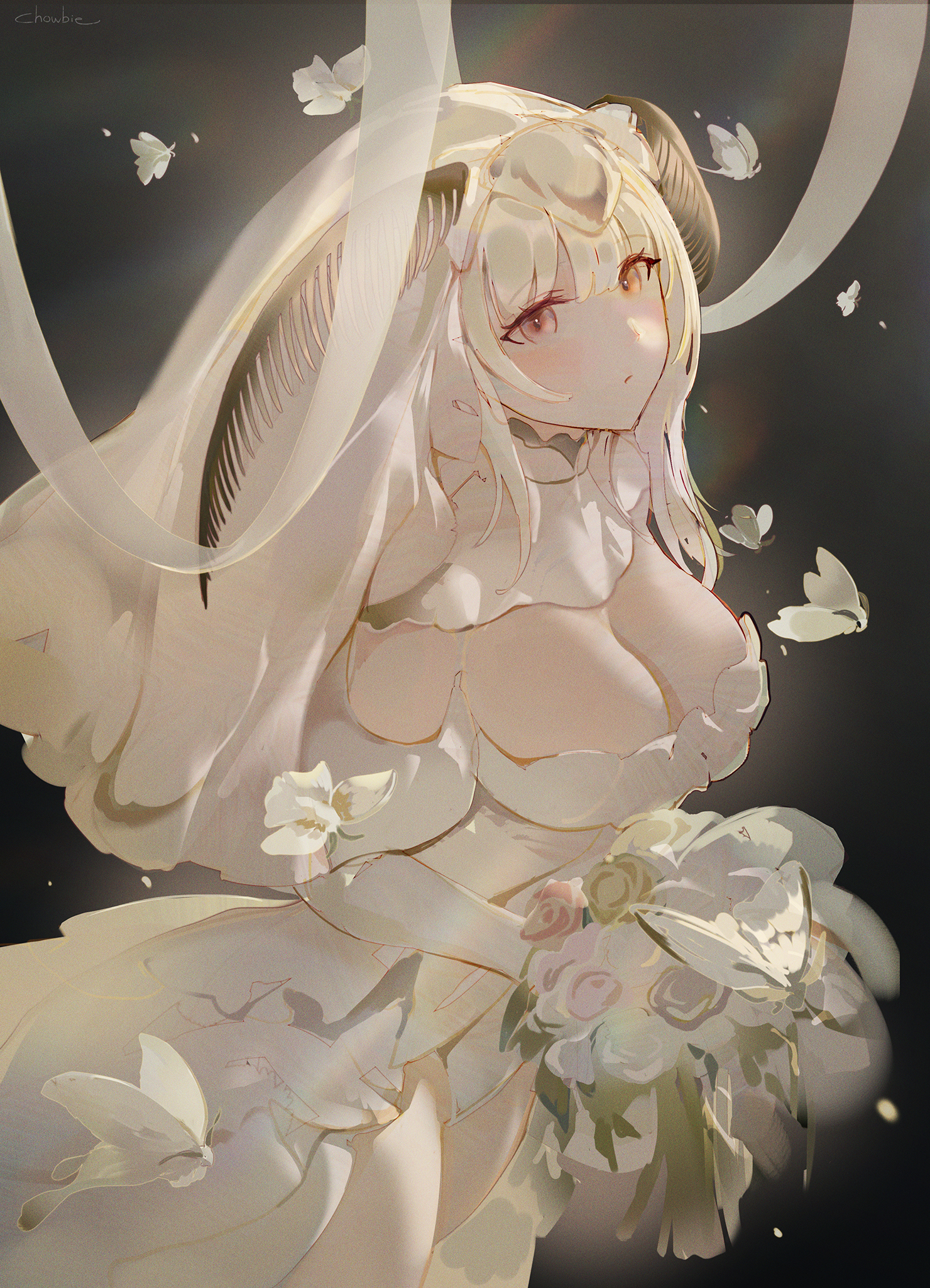 Anime 1480x2048 anime anime girls cleavage blonde big boobs petals flowers dress artwork chowbie wedding dress white dress weddings moths blushing veils insect butterfly bouquets white ribbon ribbon