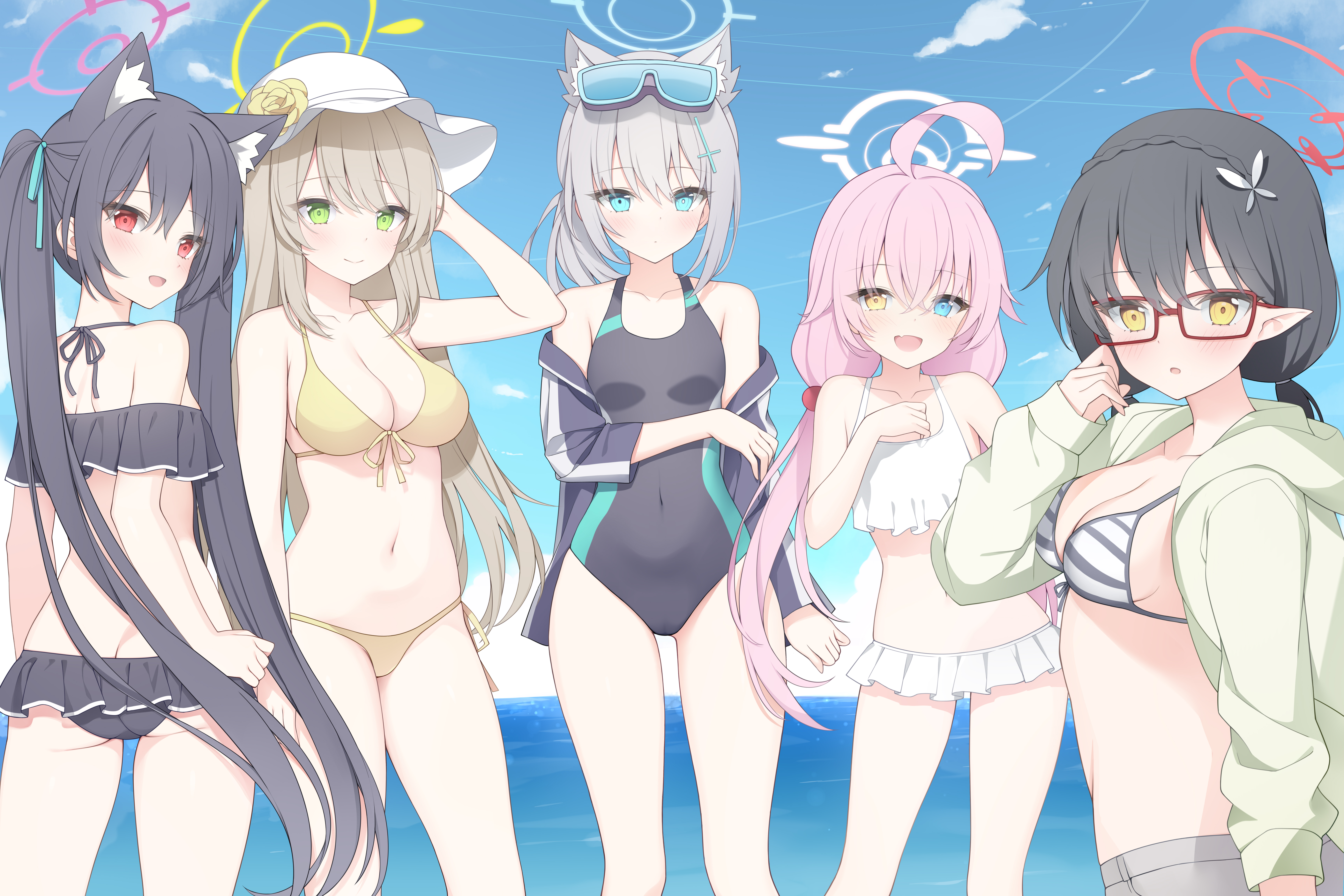 Anime 6900x4600 anime girls anime digital art 2D looking at viewer ecchi belly belly button looking back red eyes green eyes blue eyes yellow eyes swimwear bikini cat girl pink hair black hair silver hair glasses heterochromia Blue Archive group of women line-up