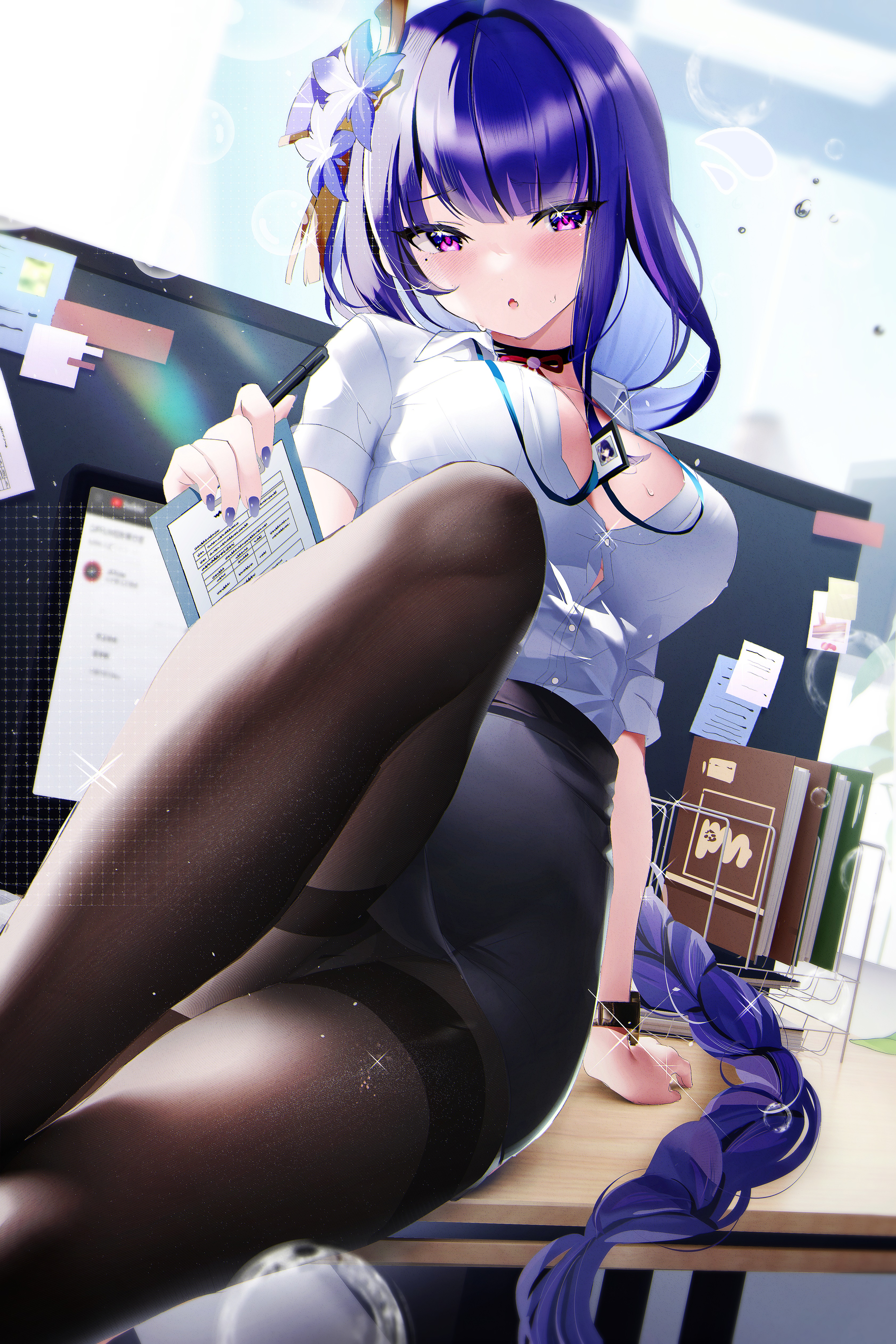 purple hair, big boobs, office girl, anime, anime girls, purple eyes,  pantyhose