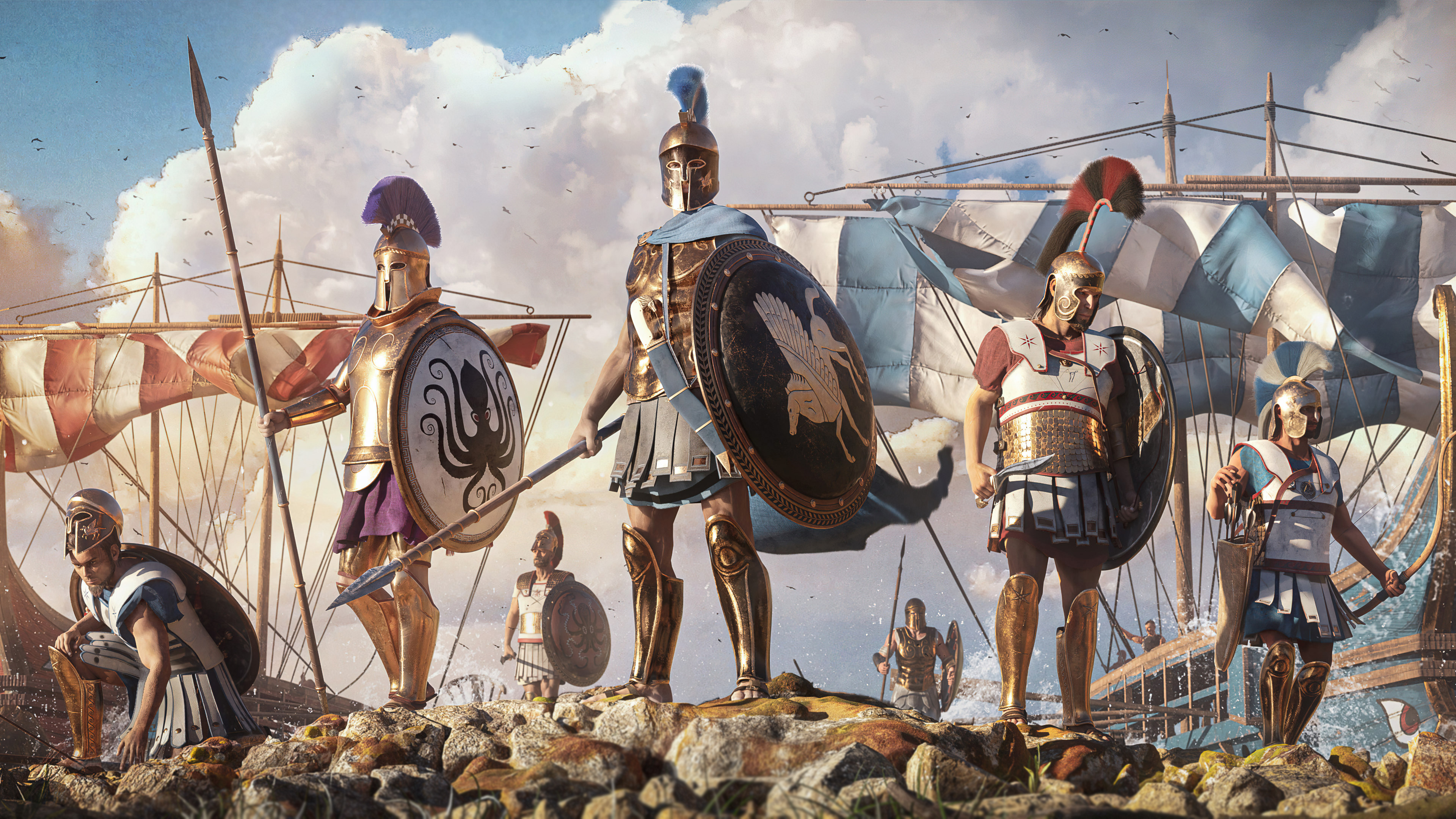 General 3840x2160 ancient greece war soldier bronze armor shield helmet ship spear