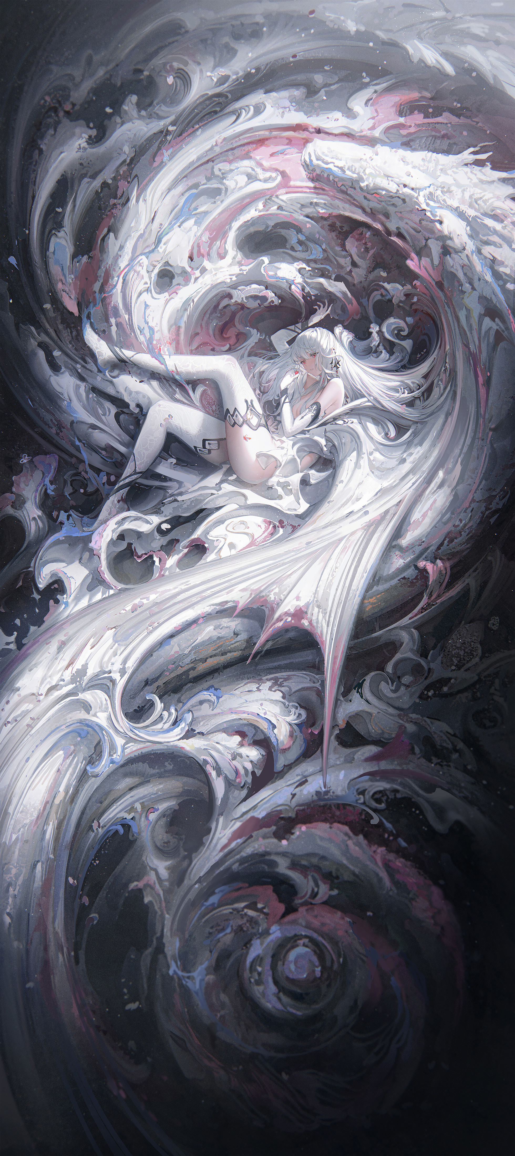 Anime 1960x4399 anime girls portrait display lying on side white hair bare shoulders creature dragon looking at viewer red eyes hair ornament Ying Yi white thigh highs elbow gloves long hair wings open mouth high angle whirling nopan white gloves bottomless cleavage