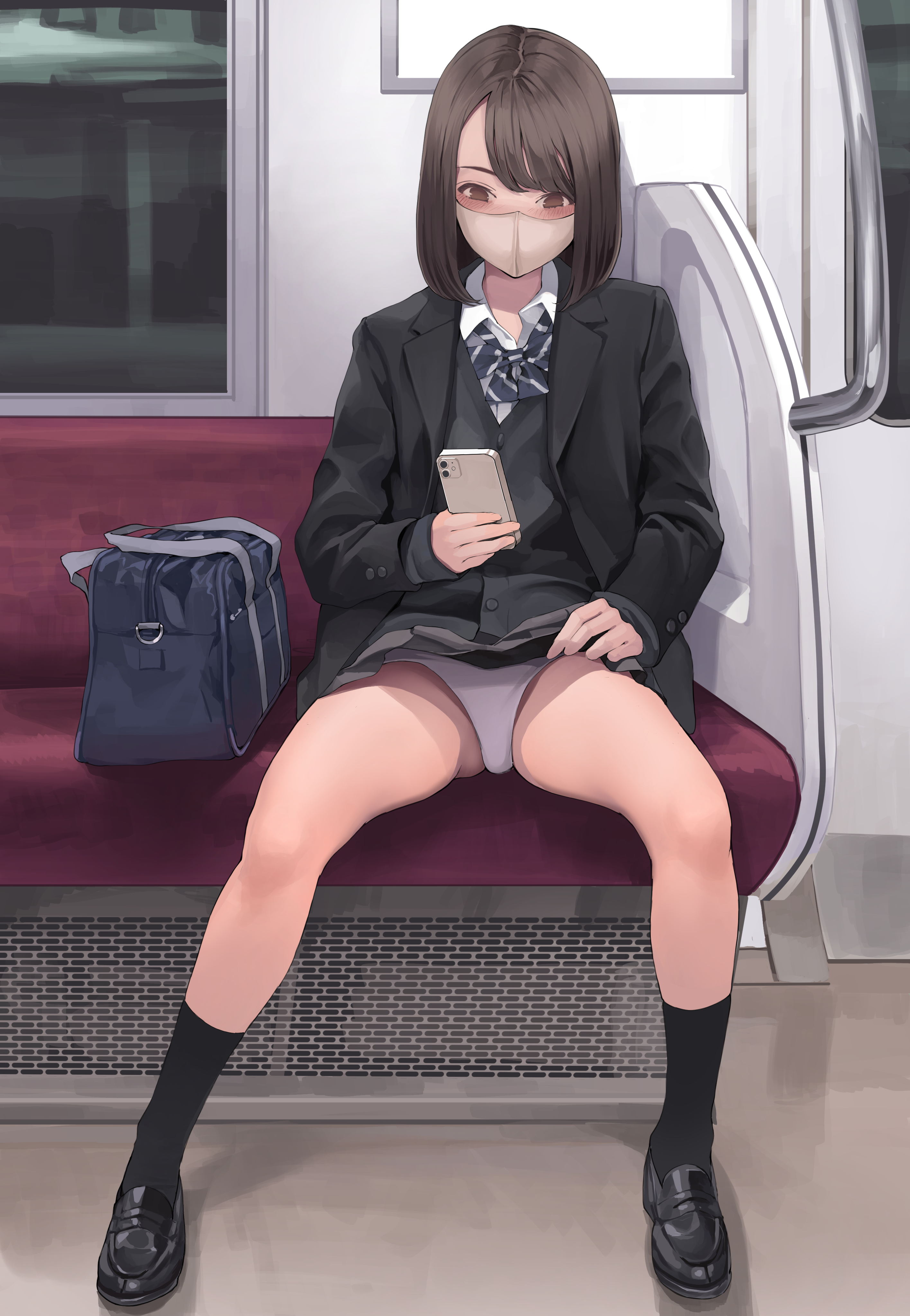 Anime 2831x4093 anime girls anime original characters schoolgirl subway upskirt panties 2D artwork drawing mask blushing koh