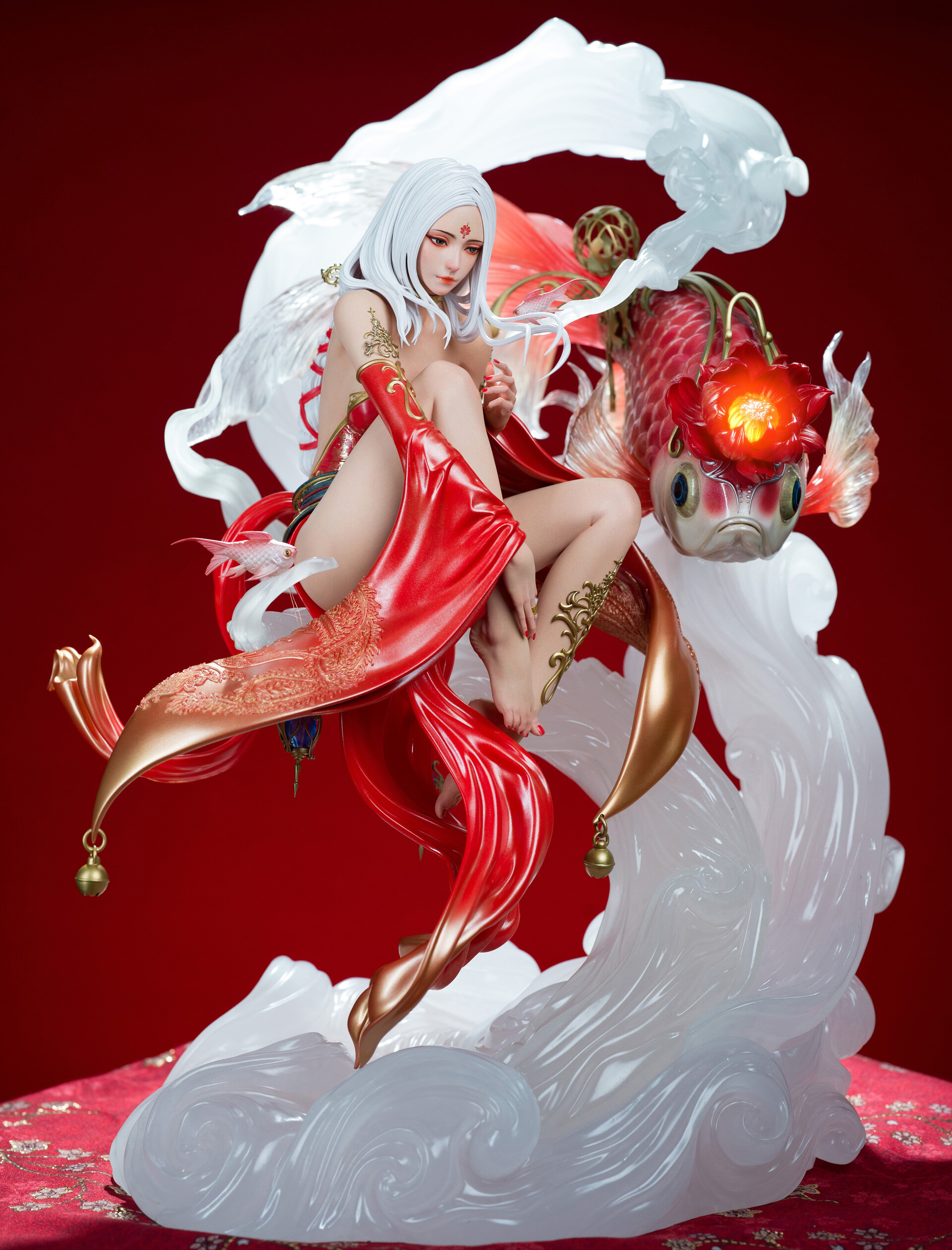 General 1920x2521 Haocen Li women fantasy art fantasy girl red background simple background digital art silver hair red nails painted nails painted toenails figurines
