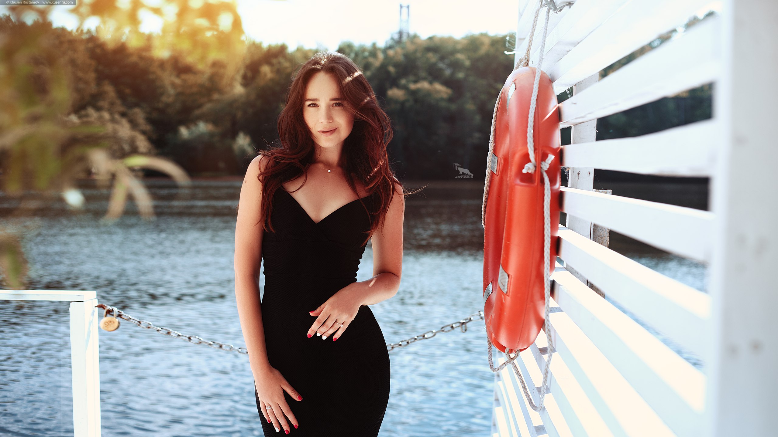 People 2560x1440 women smiling red nails river cleavage black dress tight dress women outdoors life preserver black clothing urban dyed hair model painted nails looking at viewer dress
