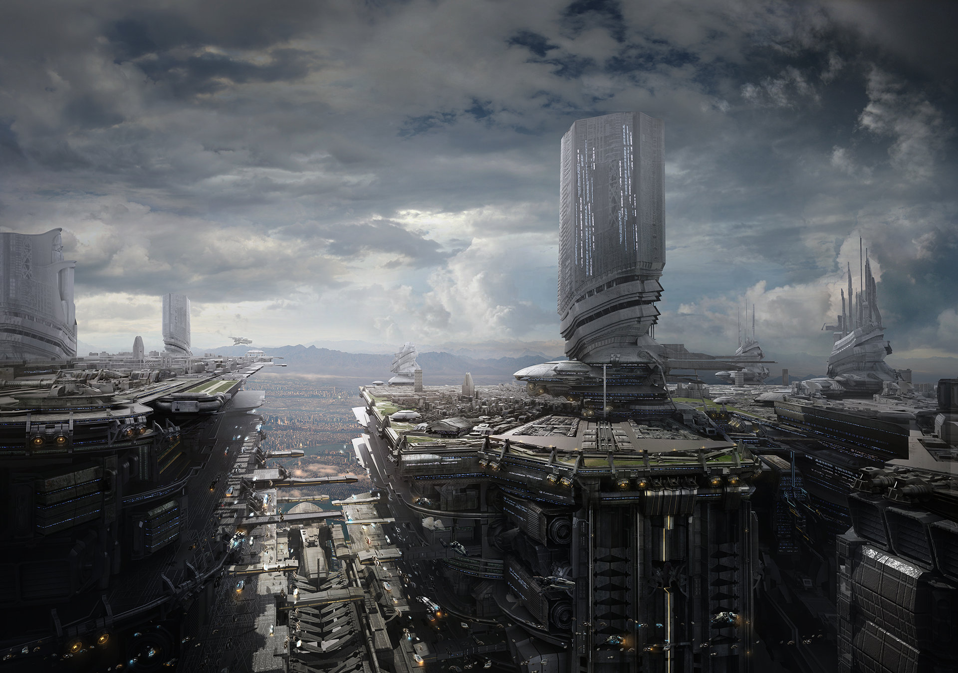 General 1920x1350 artwork digital art fantasy art Jie Ma futuristic futuristic city clouds building