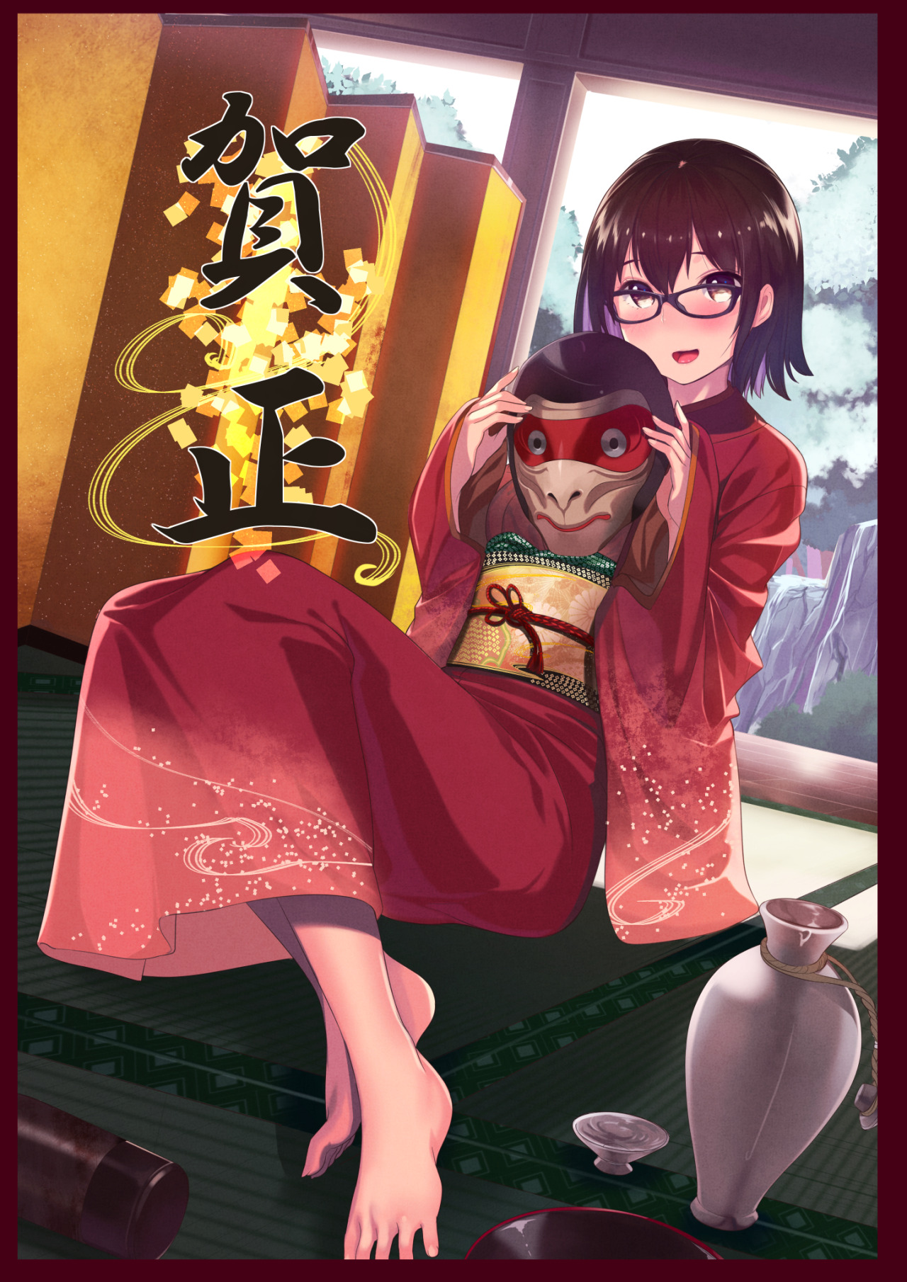 Anime 1280x1810 anime girls original characters anime glasses barefoot mask kimono
