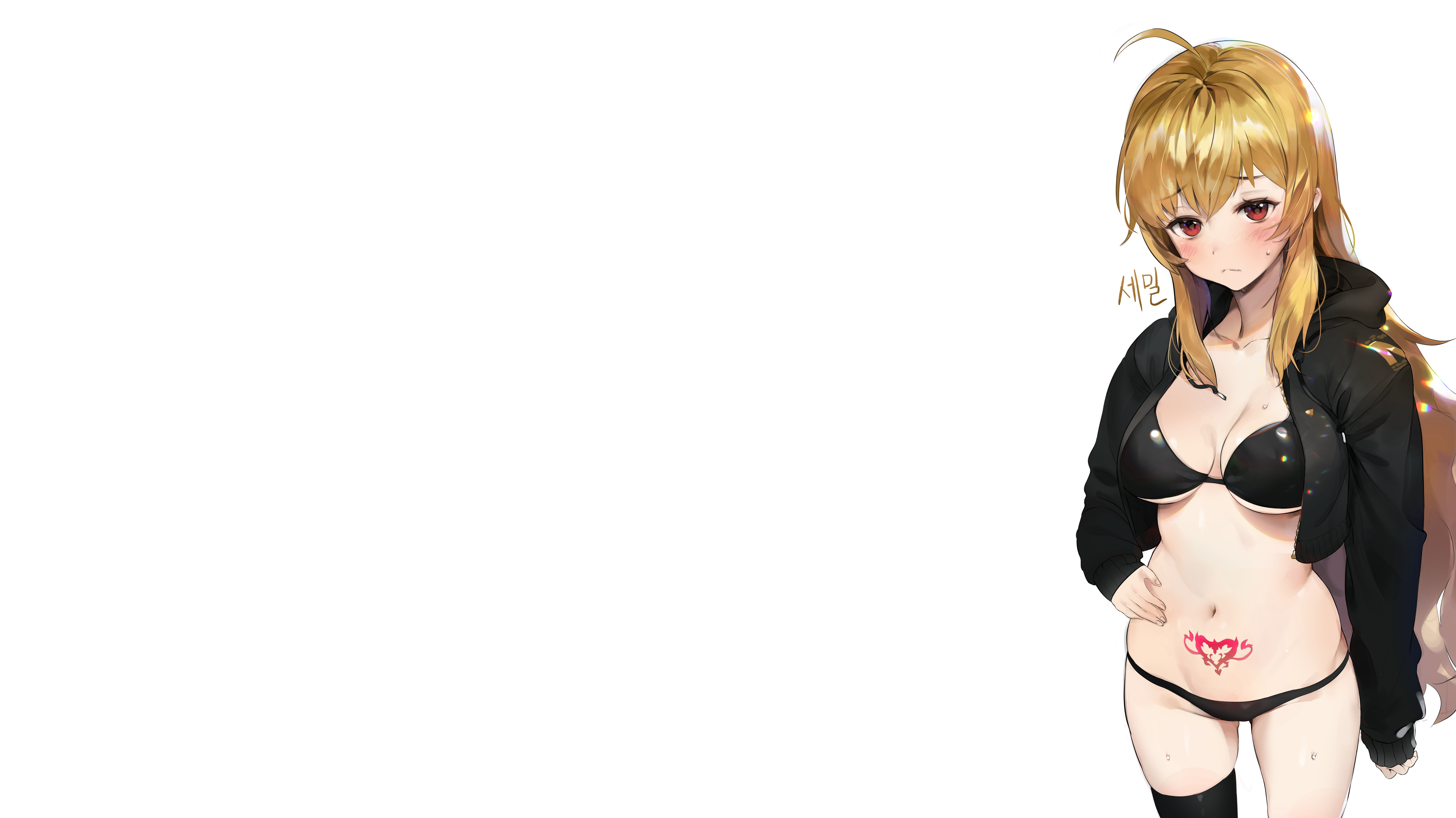 Anime 6841x3848 anime girls original characters anime blonde long hair bangs red eyes cleavage belly the gap stockings artwork digital art drawing 2D illustration womb tattoo UTHY