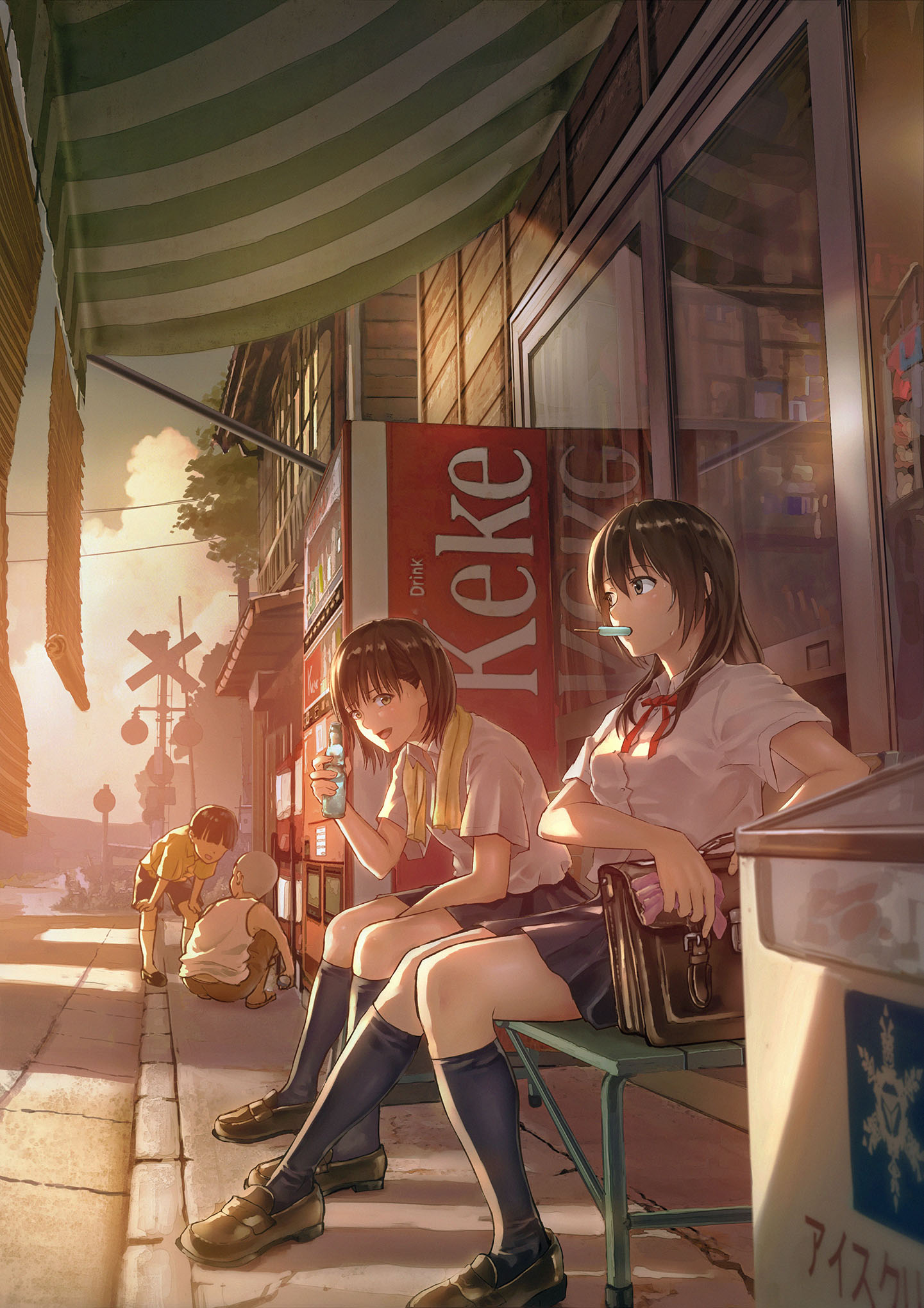 Anime 1441x2039 anime anime girls original characters school uniform sunset artwork Sugi87 ice cream