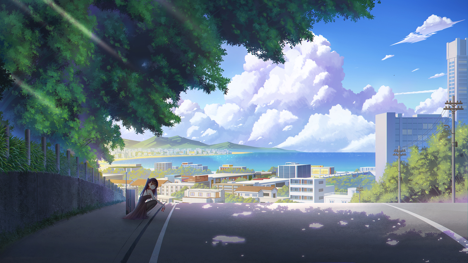 Anime 1600x900 Girls Frontline trees fence road squatting clouds sky dappled sunlight suitcase WA2000 (Girls Frontline) anime girls Zi Ye