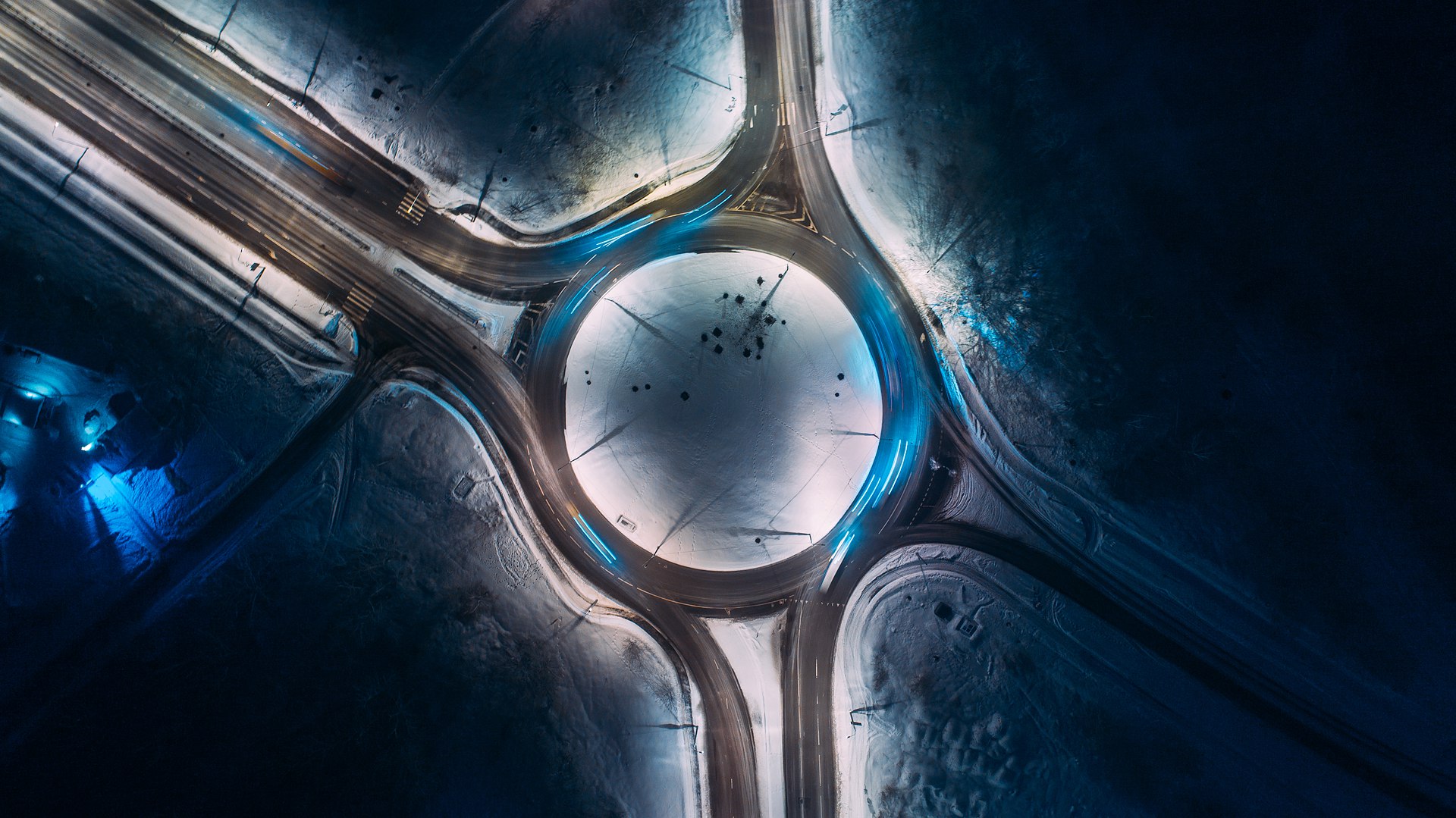 General 1920x1079 night blue light snow long exposure road aerial view roundabouts winter light trails dark trees drone photo blue