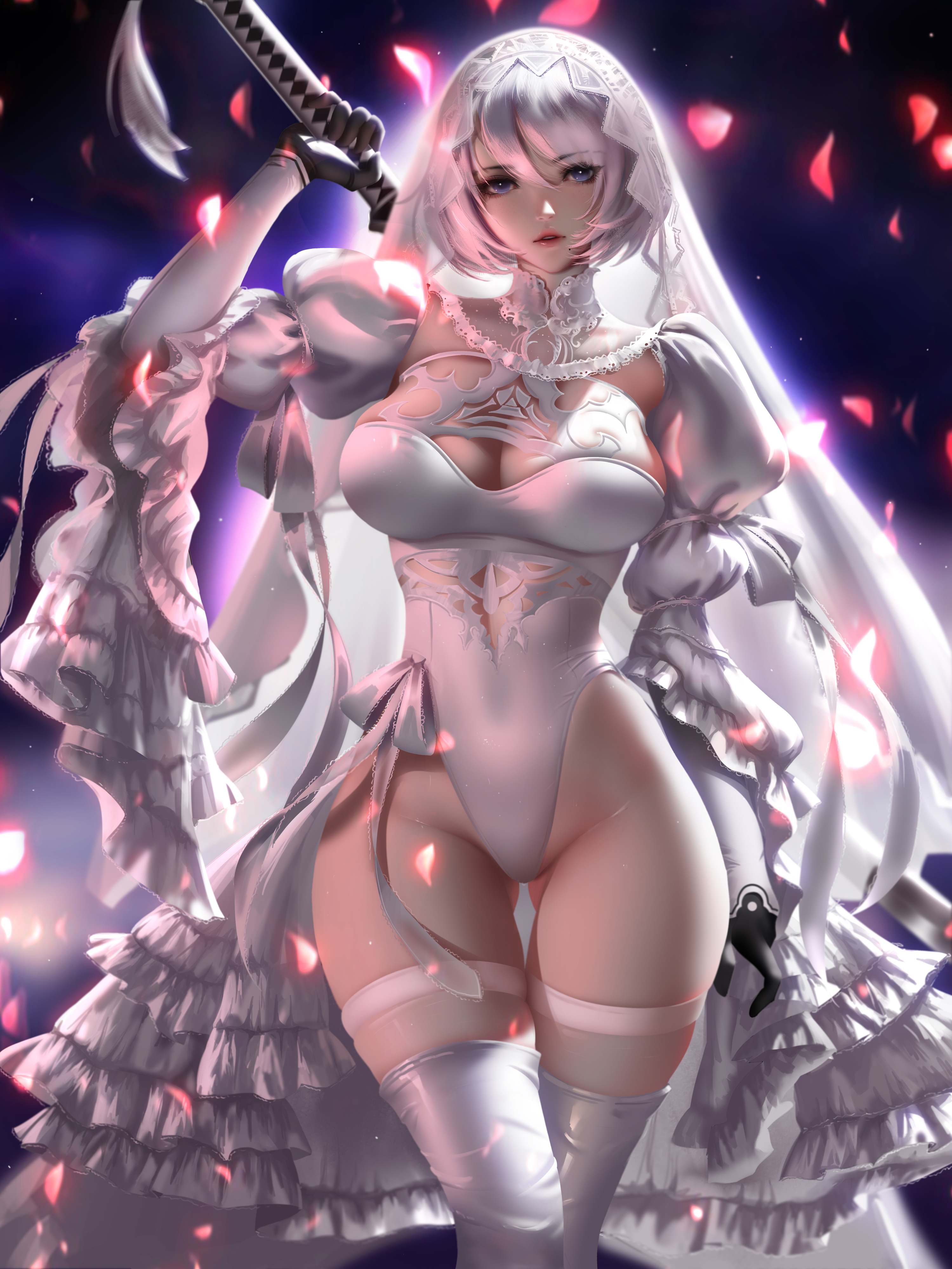 General 3000x4000 2B (Nier: Automata) Nier: Automata video games video game characters video game girls women white hair blue eyes veils cleavage bodysuit curvy the gap big boobs stockings white stockings lingerie thigh high boots gloves petals weapon artwork drawing digital art fan art Liang-Xing brides thighs