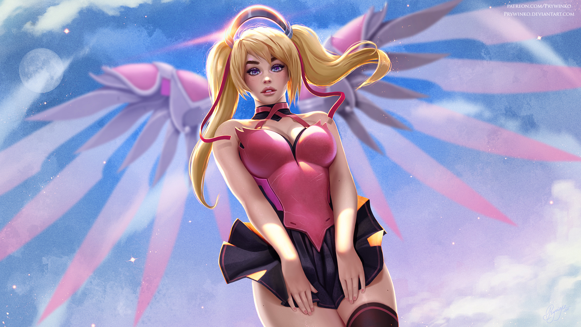 General 1920x1080 Mercy (Overwatch) Overwatch video games video game characters video game girls fan art blonde twintails freckles looking at viewer dress thigh-highs sky wings fantasy girl artwork digital art drawing Prywinko anime