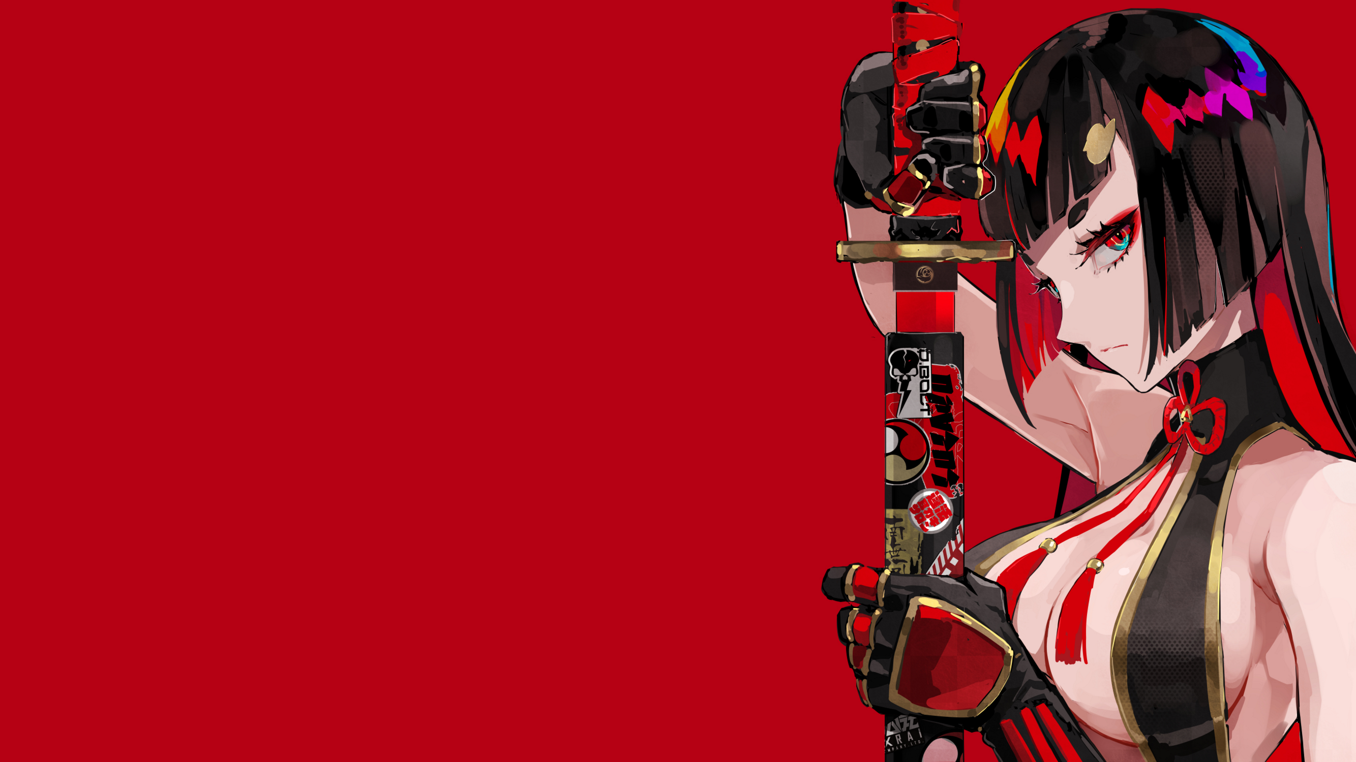 Anime 2667x1500 anime anime girls original characters looking at viewer dark hair colorful profile gloves katana weapon cleavage sideboob red background simple background artwork digital art drawing 2D illustration LAM bangs cheongsam