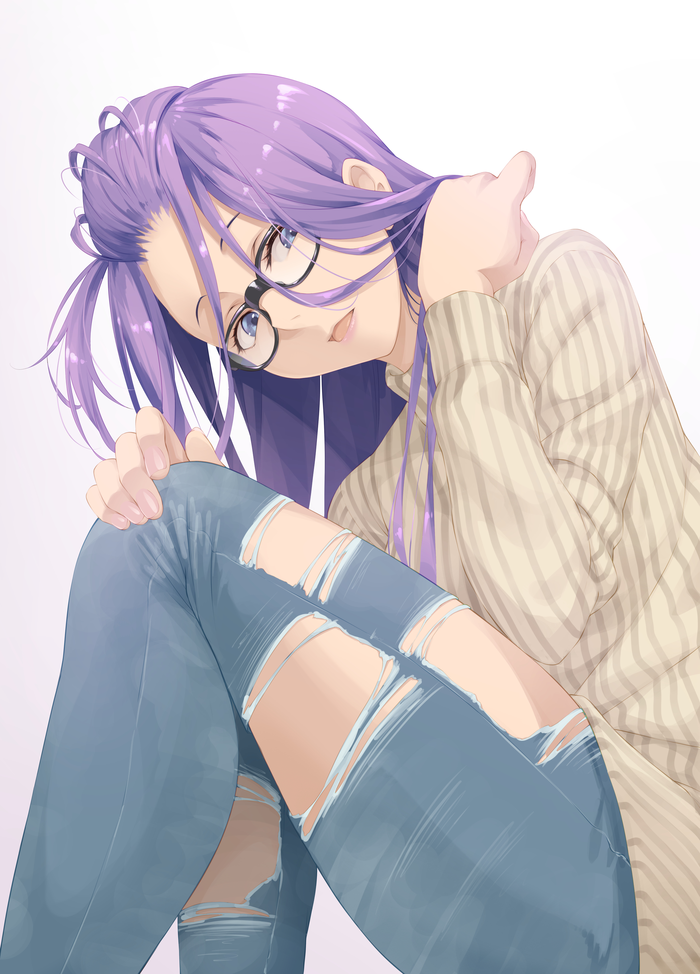 Anime 2271x3157 anime girls simple background Yuru Camp kagamihara sakura 2D torn jeans thighs long hair purple hair touching hair women with glasses big boobs blue eyes looking at viewer open mouth fan art thick thigh