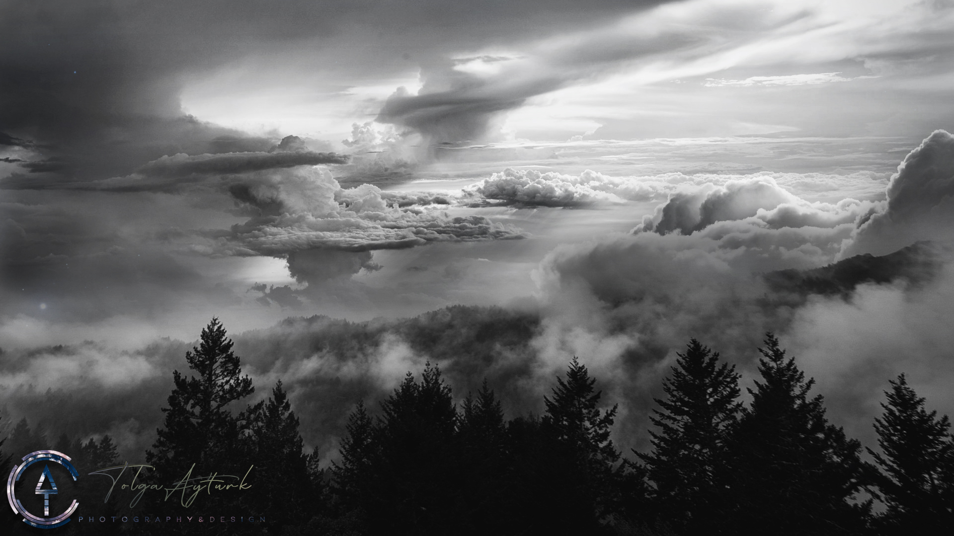General 1920x1080 mountains nature landscape trees plants monochrome digital art photo manipulation clouds