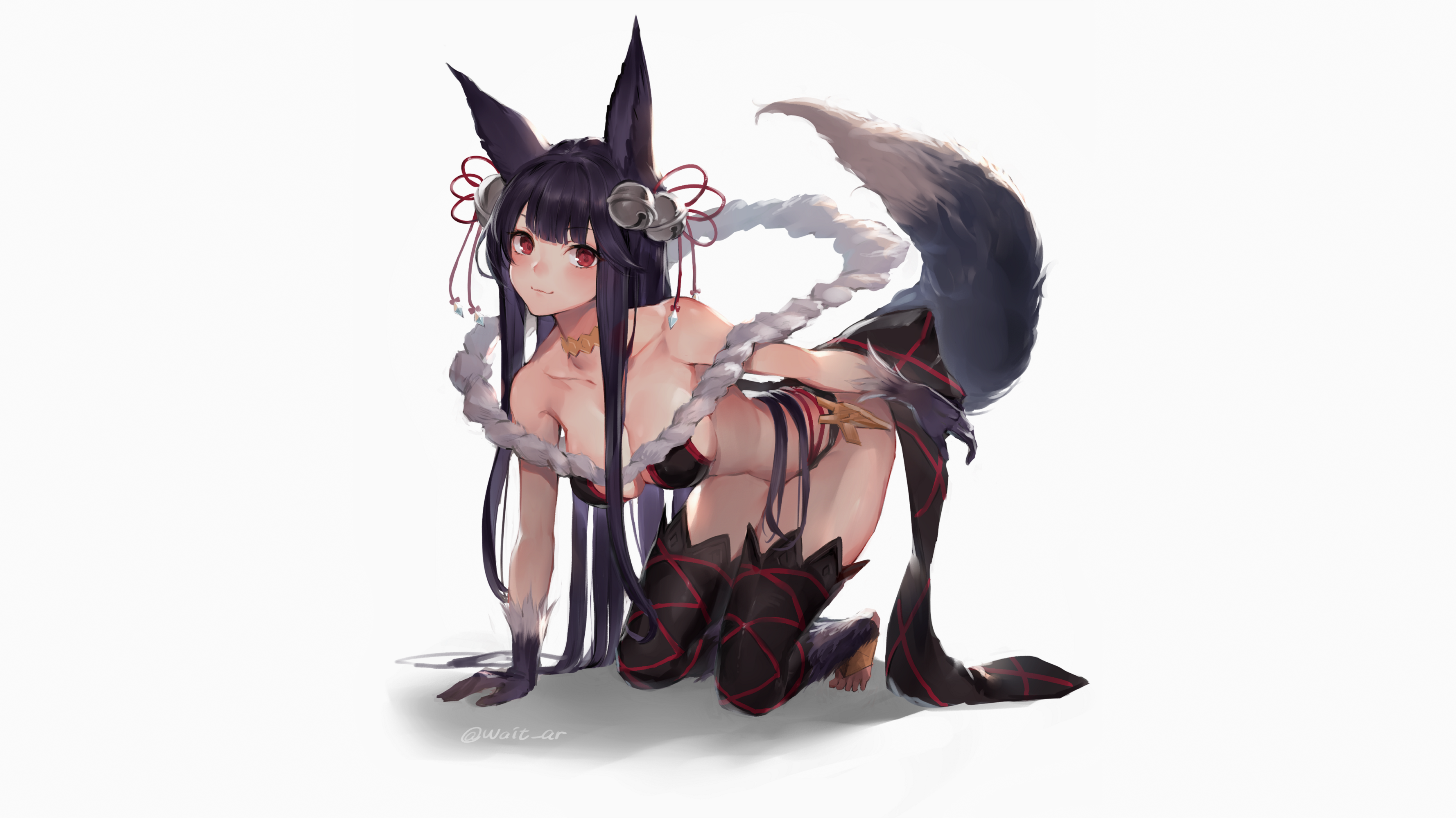 Anime 3556x2000 Yuel (Granblue Fantasy) Granblue Fantasy video games anime anime girls black hair long hair fox girl fox ears tail bells hair ornament red eyes looking at viewer smiling cleavage bent over kneeling gloves necklace fantasy girl white background simple background 2D artwork digital art drawing fan art Wait_ar