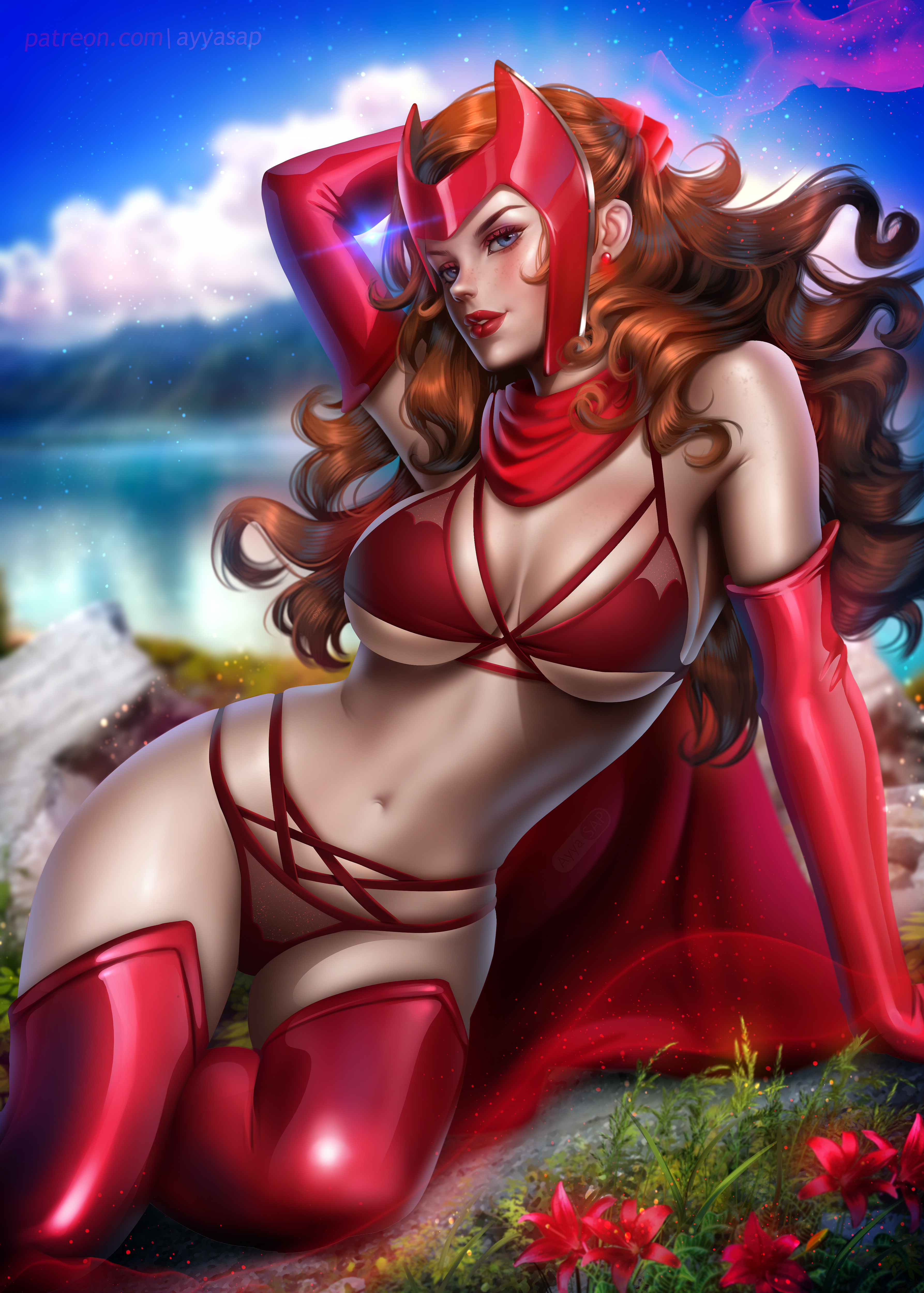 General 3573x5000 illustration artwork digital art fan art Ayya Saparniyazova Scarlet Witch superheroines Marvel Comics lingerie cleavage belly outdoors