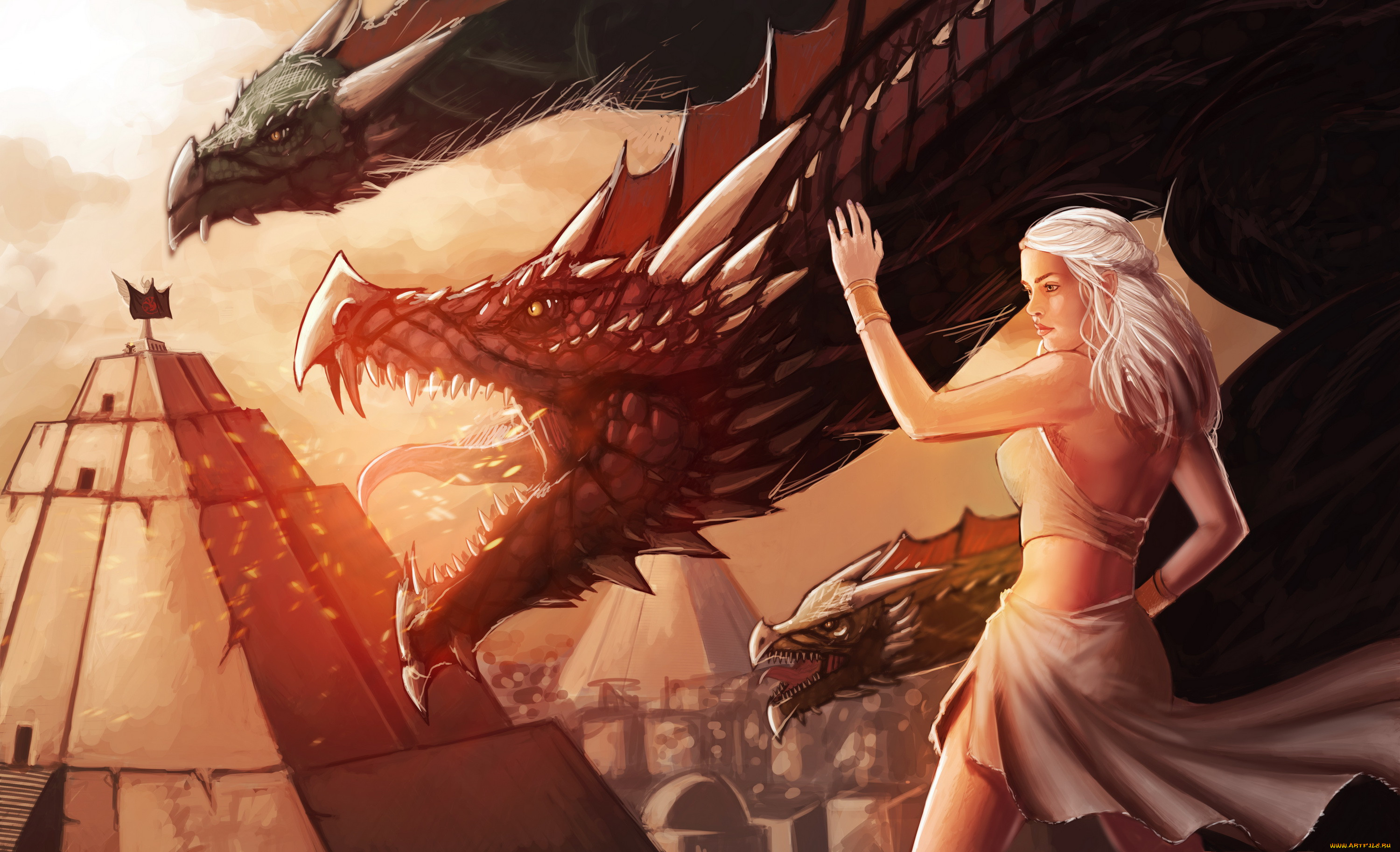 General 3000x1824 Game of Thrones artwork fantasy art fantasy girl Daenerys Targaryen dragon creature
