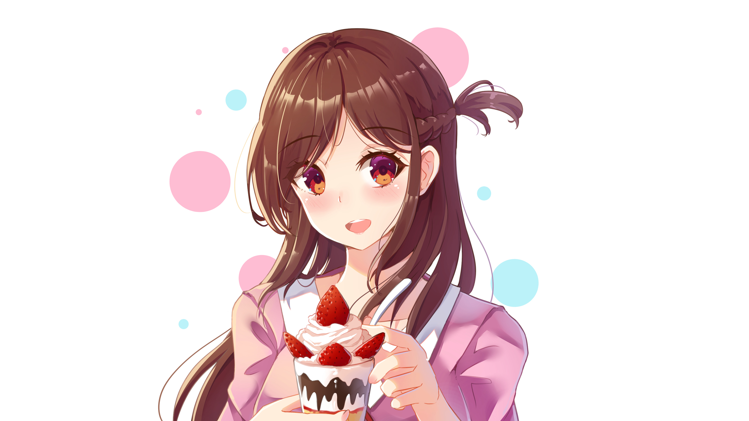 Anime 2560x1440 anime girls strawberries ice cream long hair Chizuru Mizuhara Kanojo, Okarishimasu (Rent-a-Girlfriend) simple background anime