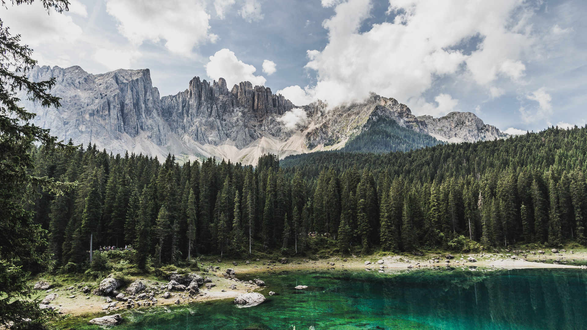 General 1920x1080 nature landscape clouds sky mountains lake rocks trees forest Dolomites Italy