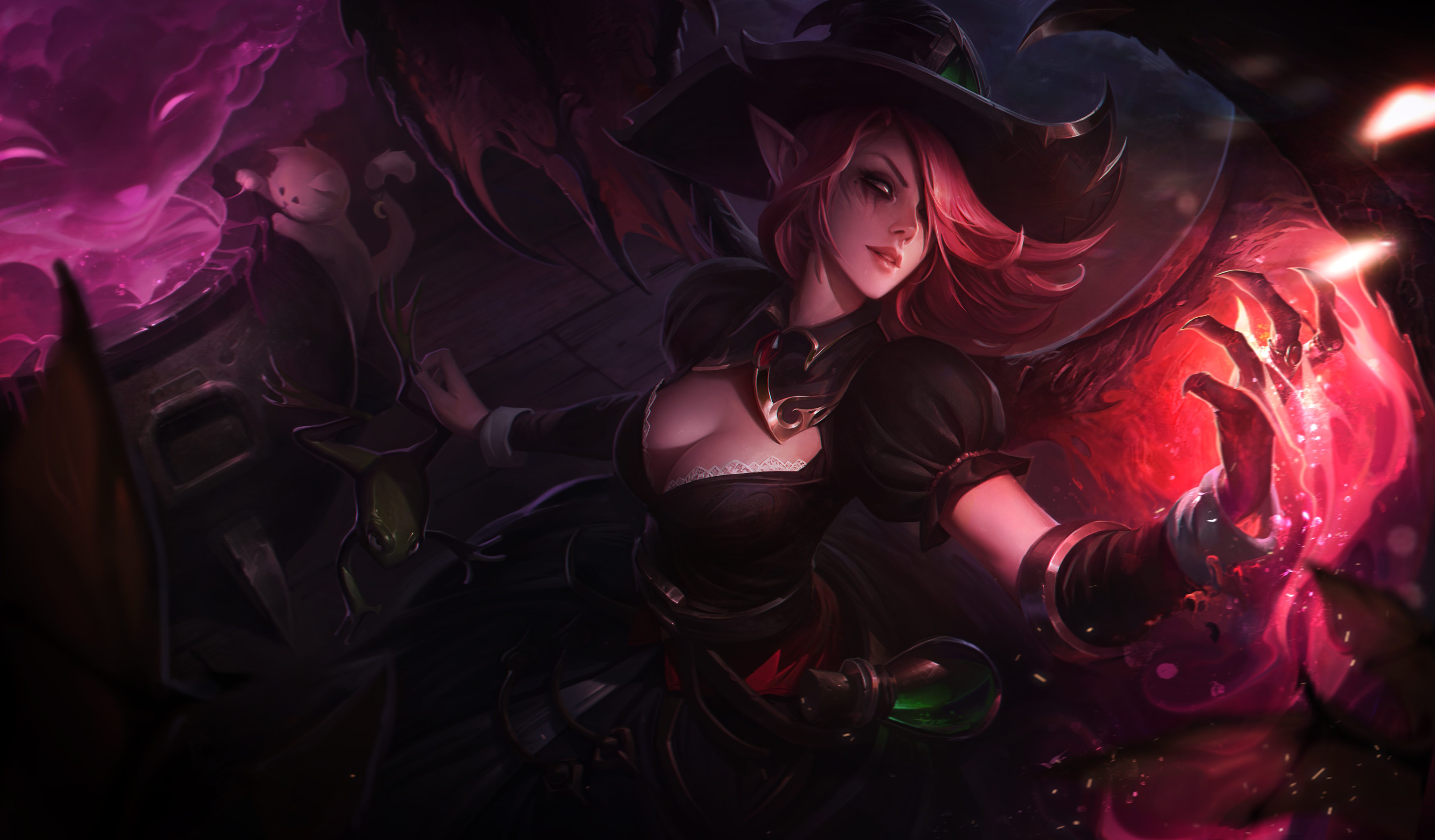 Anime 5000x2928 Halloween witch hat hat witch cleavage League of Legends pointy ears wings