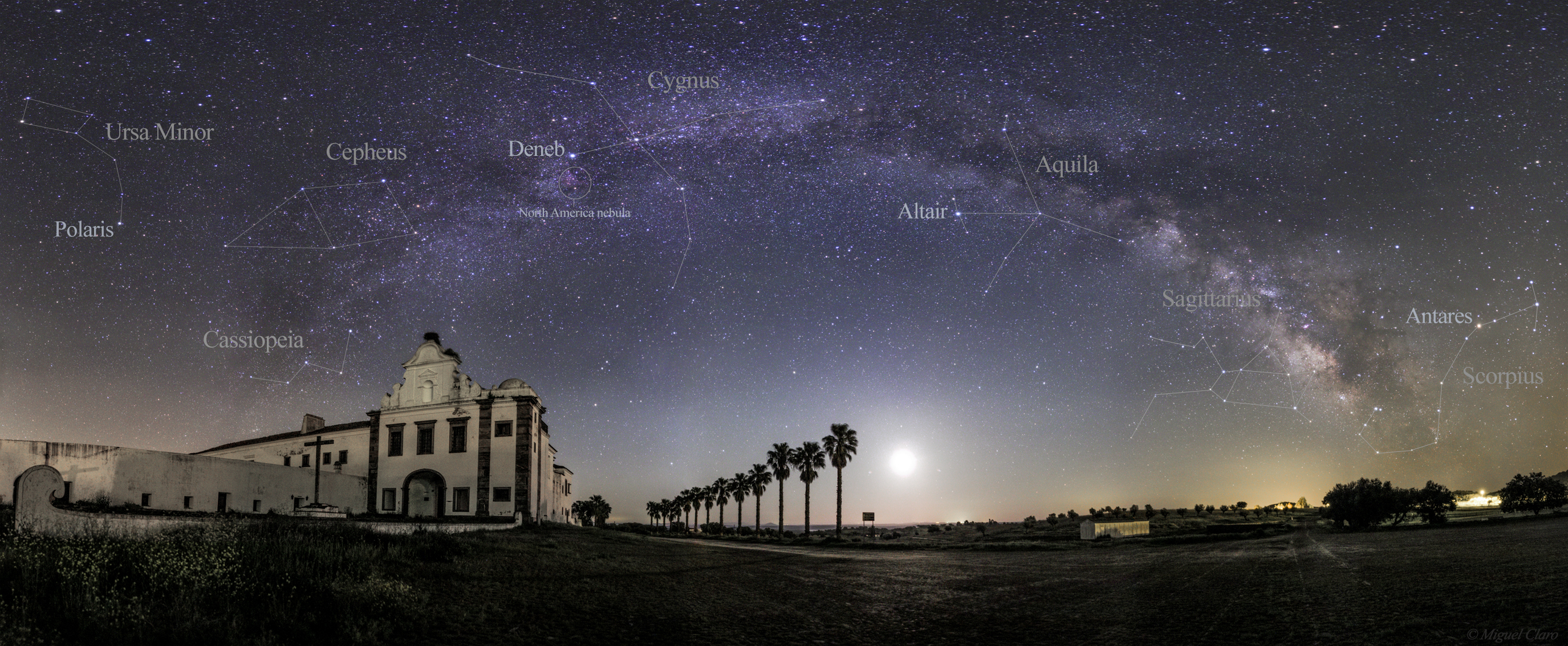 General 2750x1135 nature landscape Milky Way night stars starry night panorama palm trees Portugal cathedral Moon moonlight constellations trees Miguel Claro field