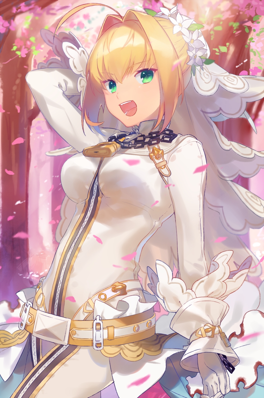 Anime 900x1357 anime girls blonde green eyes open mouth arms up Nero Claudius white dress lock chains veils bodysuit Fate series Fate/Extra Fate/Extra CCC Heiwa Saber Bride portrait display