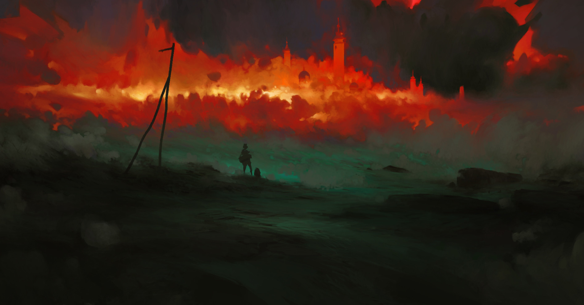 General 1892x988 digital art artwork landscape fire field clouds burning dark fantasy city