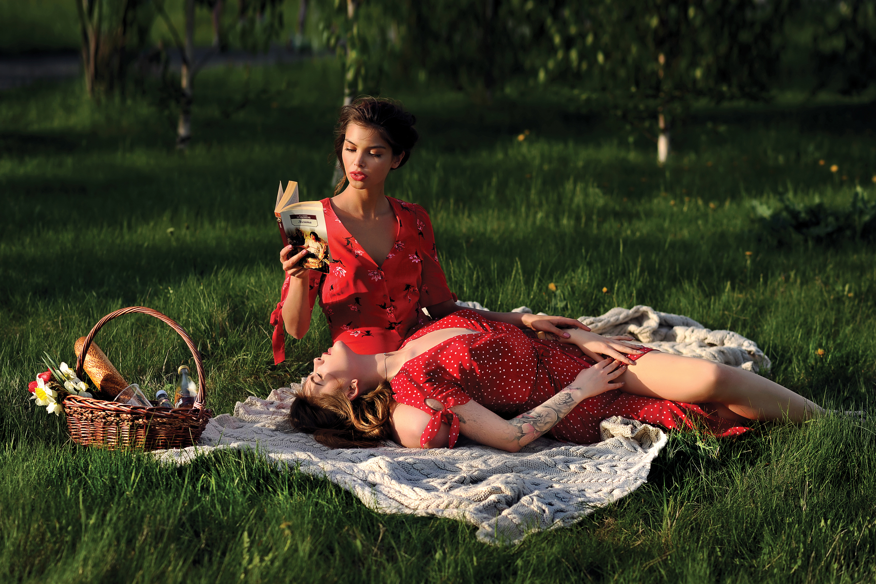 People 1800x1200 women model brunette two women depth of field grass picnic baskets dress red dress books reading cleavage inked girls tattoo lying on back blankets outdoors women outdoors closed eyes