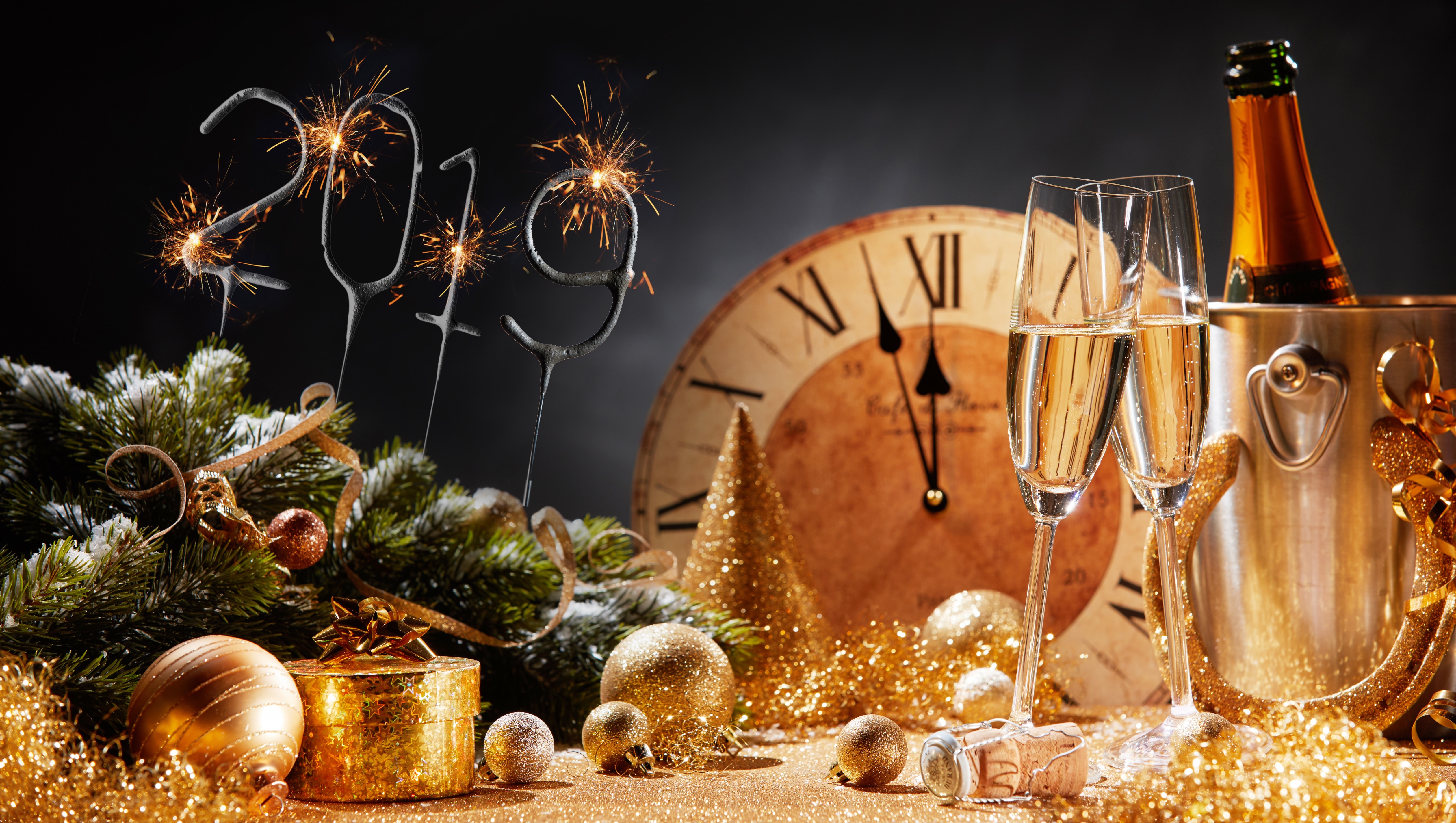 General 5040x2849 2019 (year) New Year numbers clocks Christmas ornaments  digital art