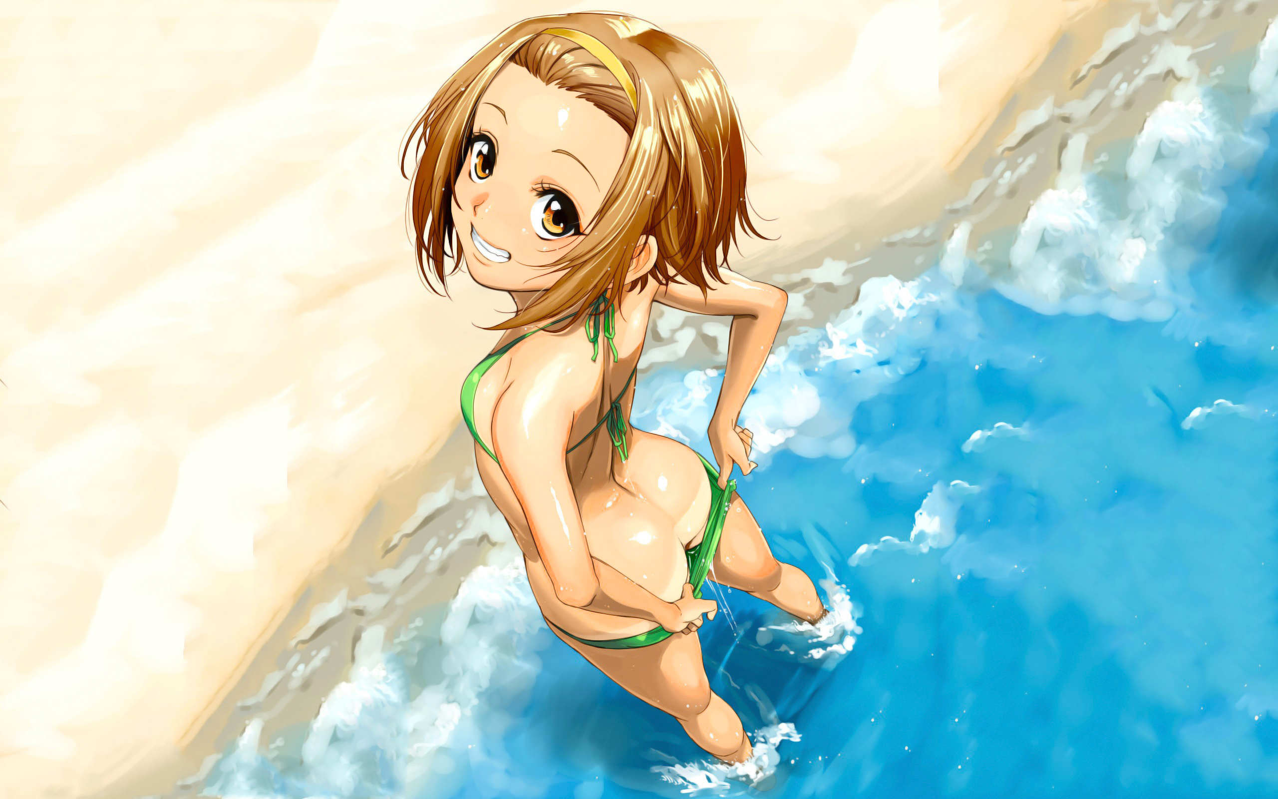 Anime 2560x1600 anime girls anime K-ON! beach bikini Tainaka Ritsu smiling ass brunette short hair brown eyes Mumumu Jirushi artwork flashing