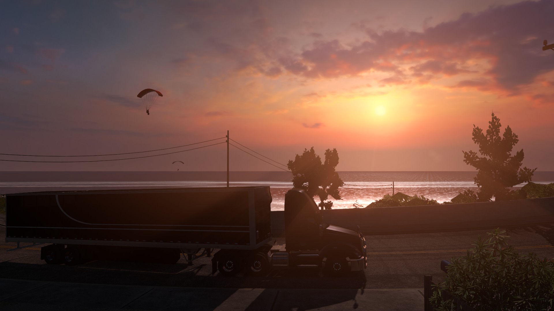 General 1920x1080 American Truck Simulator side view sunset parachutes trees clouds sea PC gaming truck vehicle video games screen shot