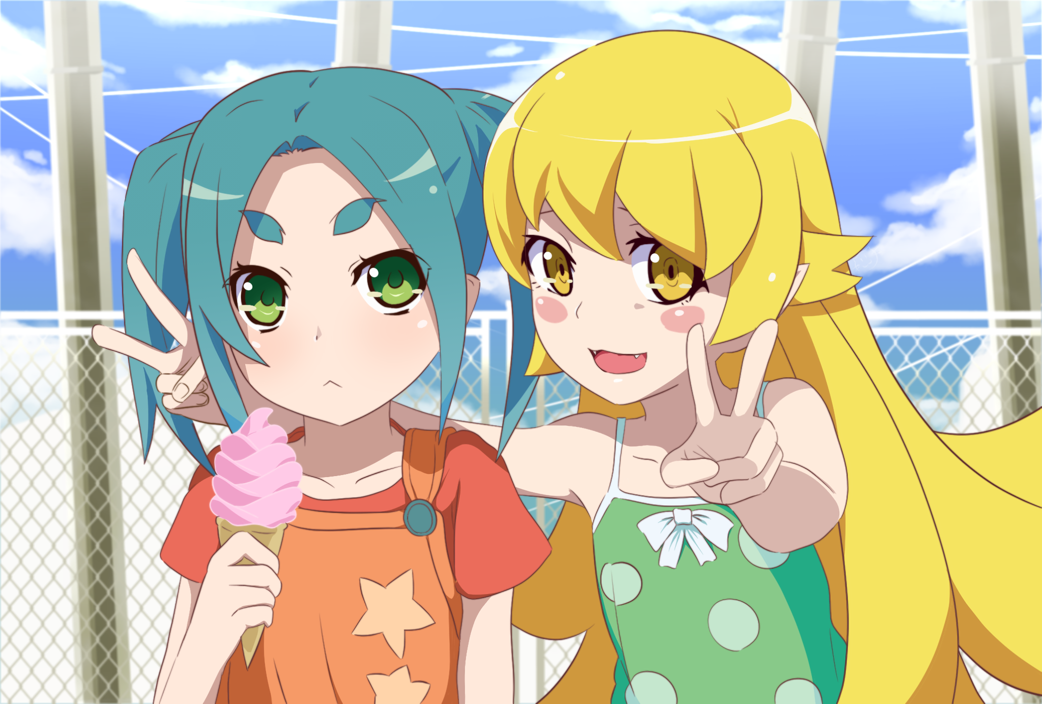 Anime 2048x1384 anime anime girls anime girls eating pale Monogatari Series beach Oshino Shinobu Ononoki Yotsugi two women ice cream hand gesture peace sign