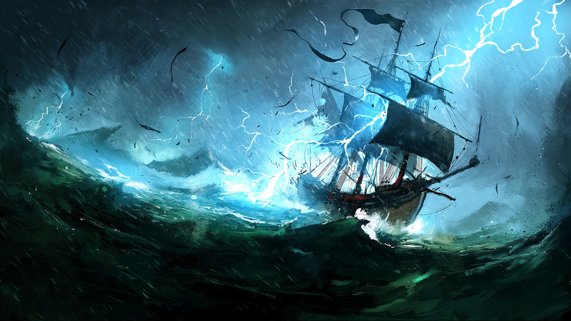 General 1920x1080 fantasy art sea ship storm lightning video games cyan