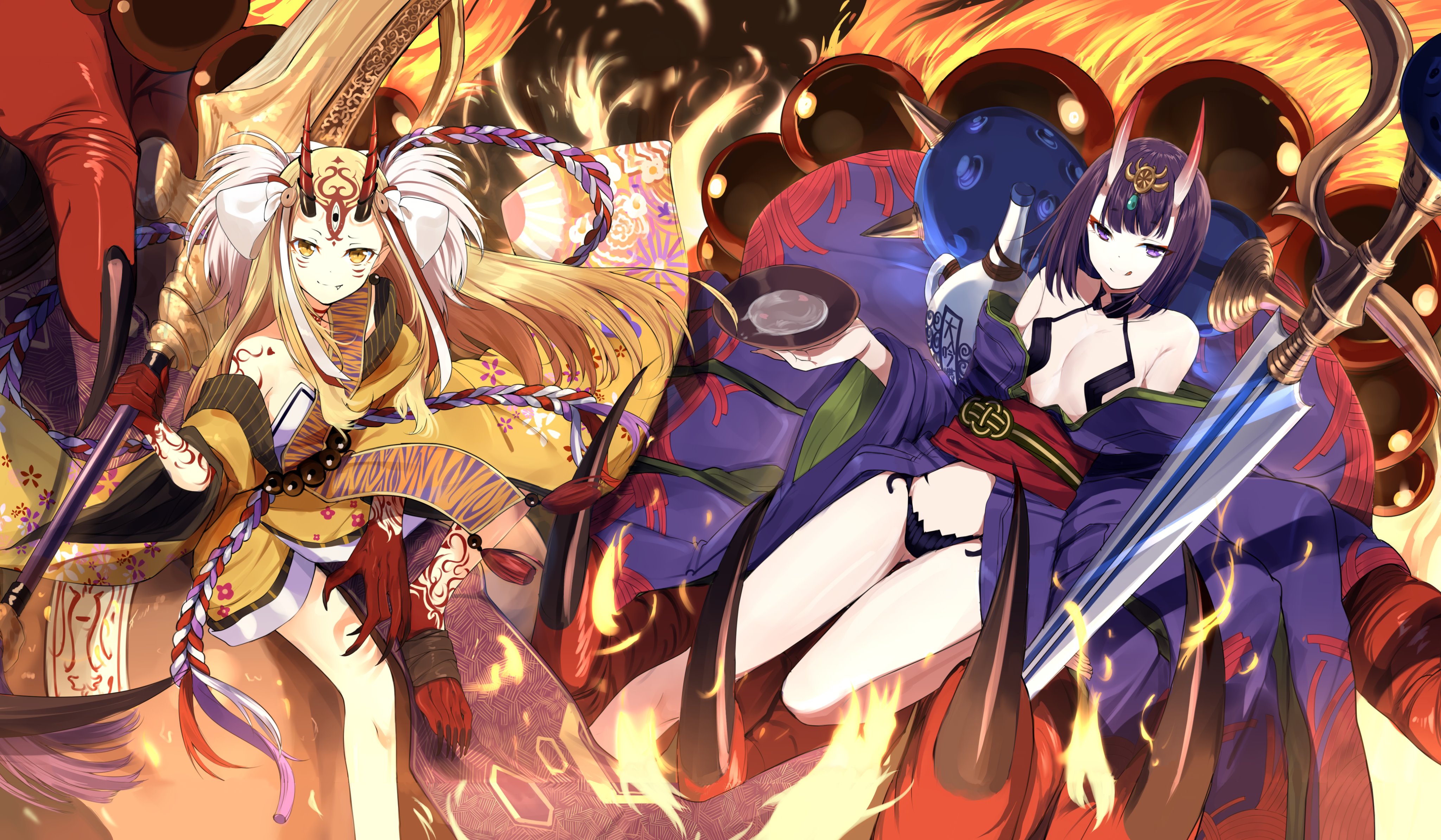 Anime 4096x2389 Shuten Douji (Fate/Grand Order) demon girls horns Ibaraki Douji Fate/Grand Order