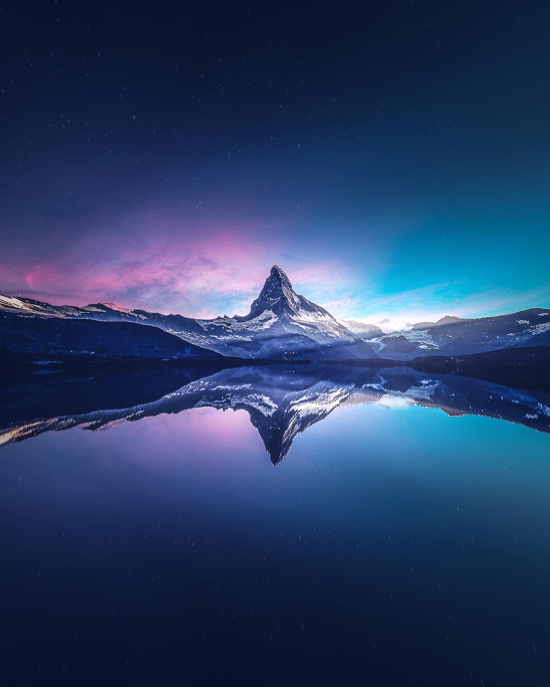 General 1080x1350 landscape mountains lake snow reflection dawn blue stars symmetry Switzerland portrait display Matterhorn