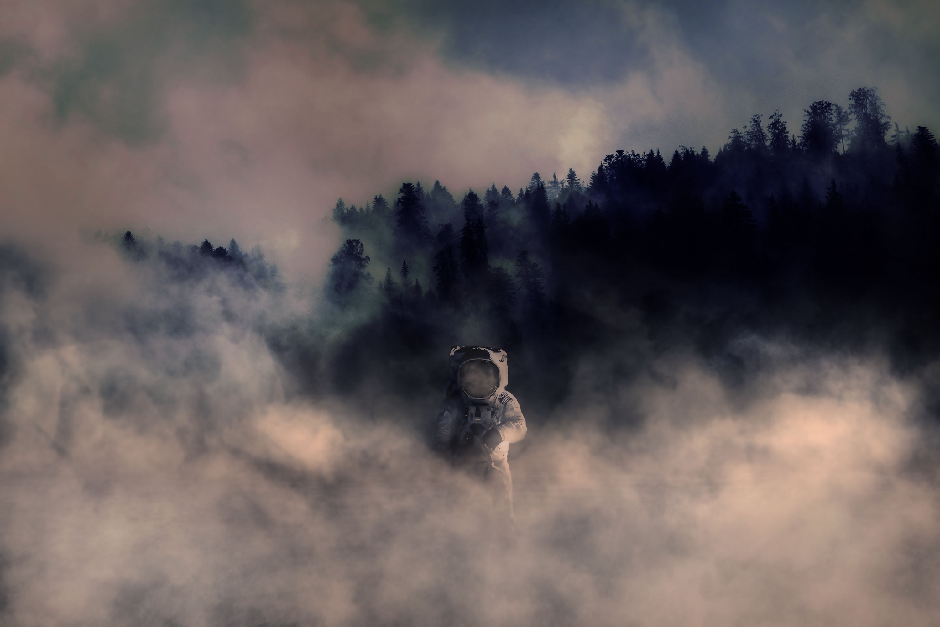 General 3000x2000 astronaut smoke forest spacesuit trees photo manipulation mist