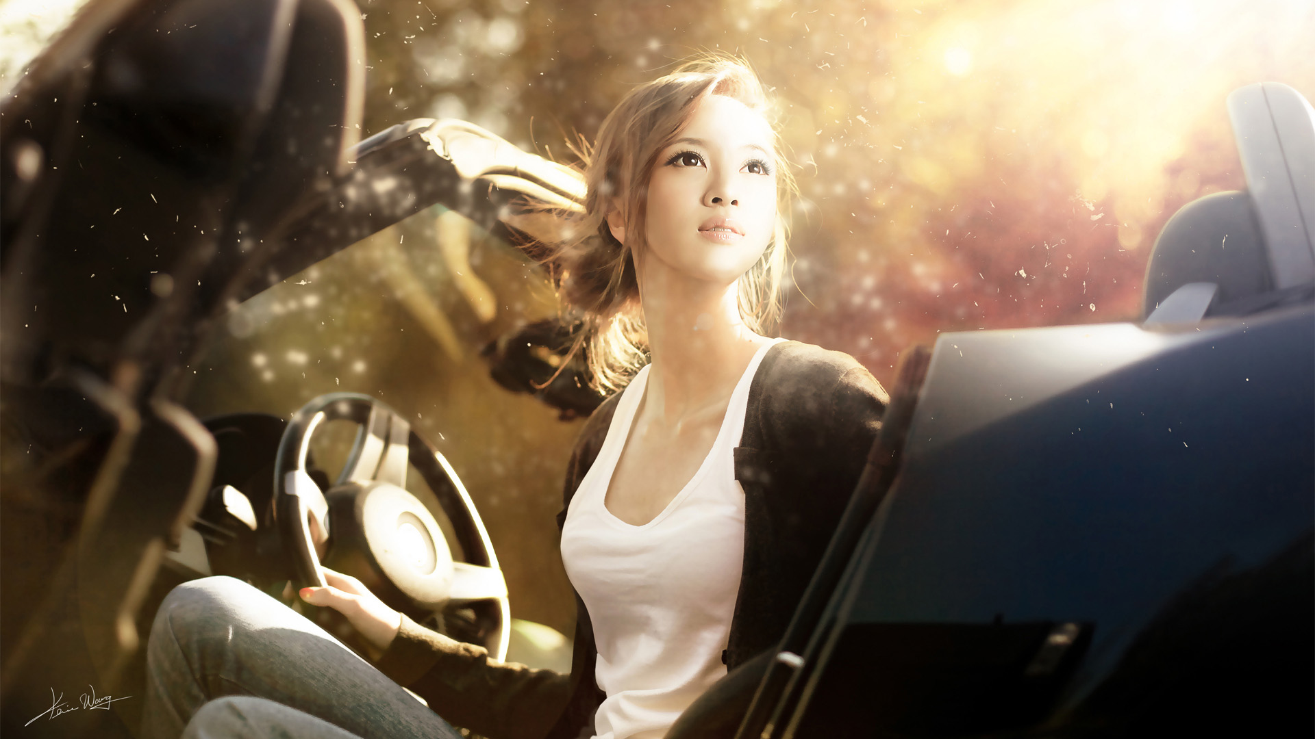 People 1920x1080 women Asian photography model brunette long hair sepia dirt effects women with cars tank top