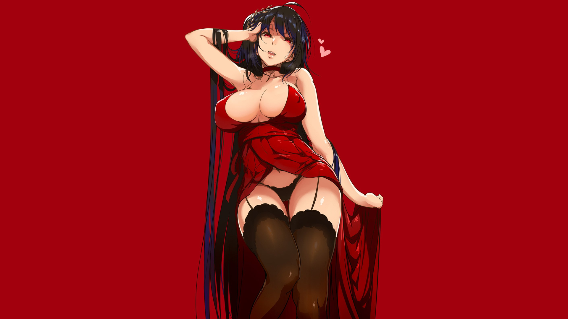 Anime 1920x1080 anime girls simple background stockings black panties long hair Azur Lane Taihou (Azur Lane) big boobs nipple bulge cleavage no bra panties dress dark hair red eyes red background Tokiwa Midori (kyokutou funamushi) artwork