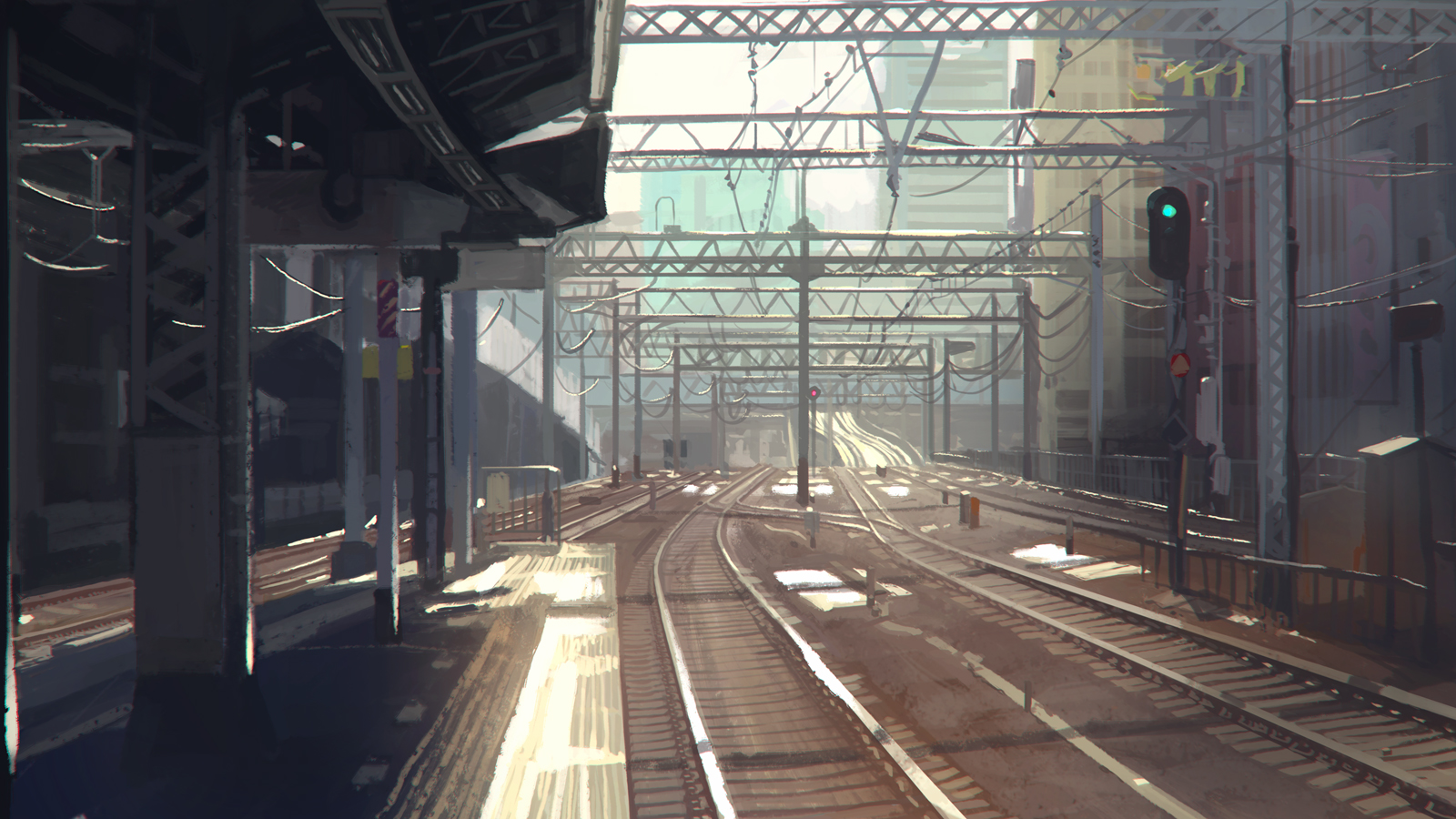 Anime 1600x900 digital art artwork landscape cityscape railway