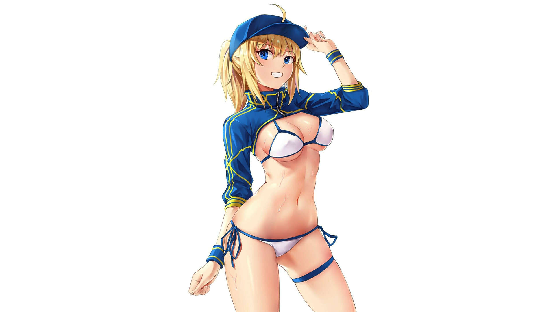 Anime 1920x1080 anime anime girls simple background Fate/Grand Order Mysterious Heroine X (Fate/Grand Order) white swimsuit bikini baseball cap belly looking at viewer wet body blonde blue eyes smiling big boobs Fate series Artoria Pendragon