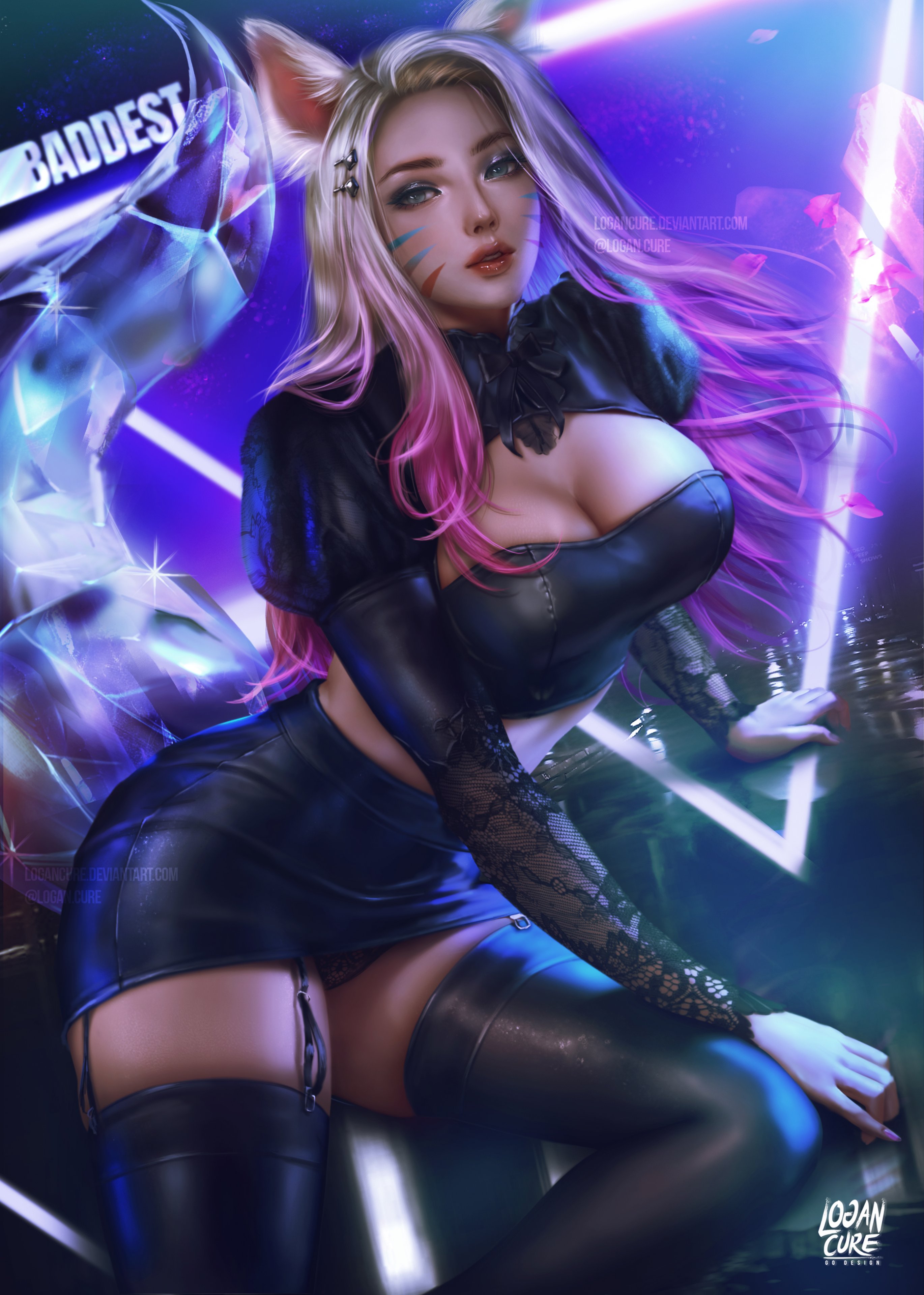 General 2740x3840 illustration artwork digital art fan art drawing women Logan Cure KDA Ahri Ahri (League of Legends) video games video game girls video game characters cleavage looking at viewer thigh-highs parted lips big boobs neon PC gaming video game art multi-colored hair K/DA