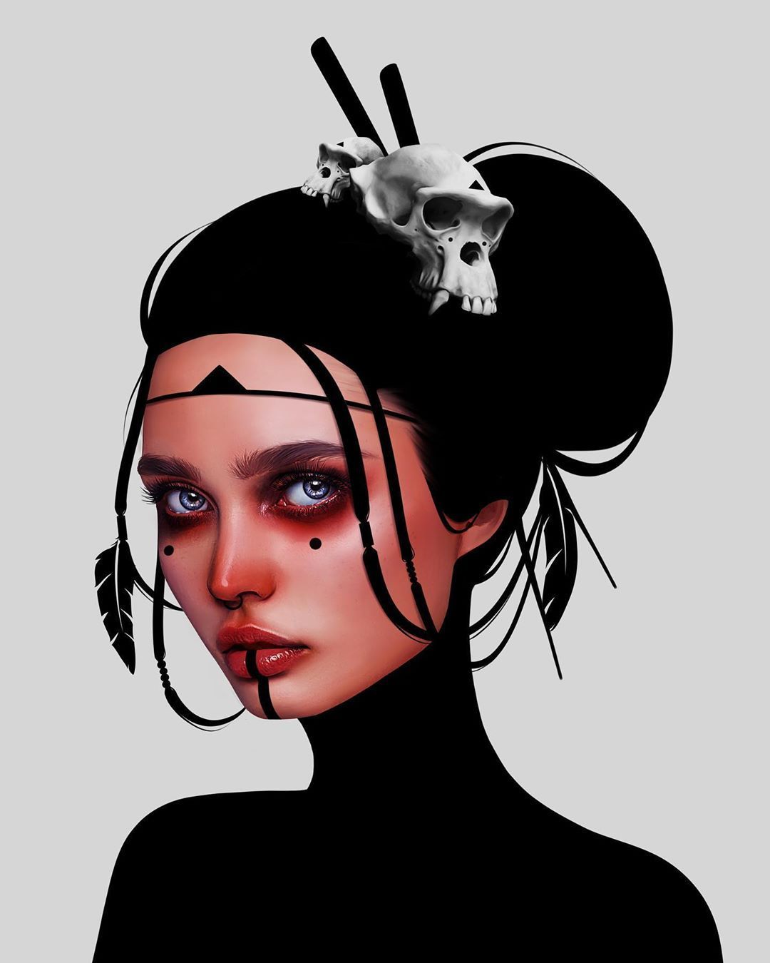 General 1080x1350 digital art women model simple background looking at viewer black hair makeup skull portrait