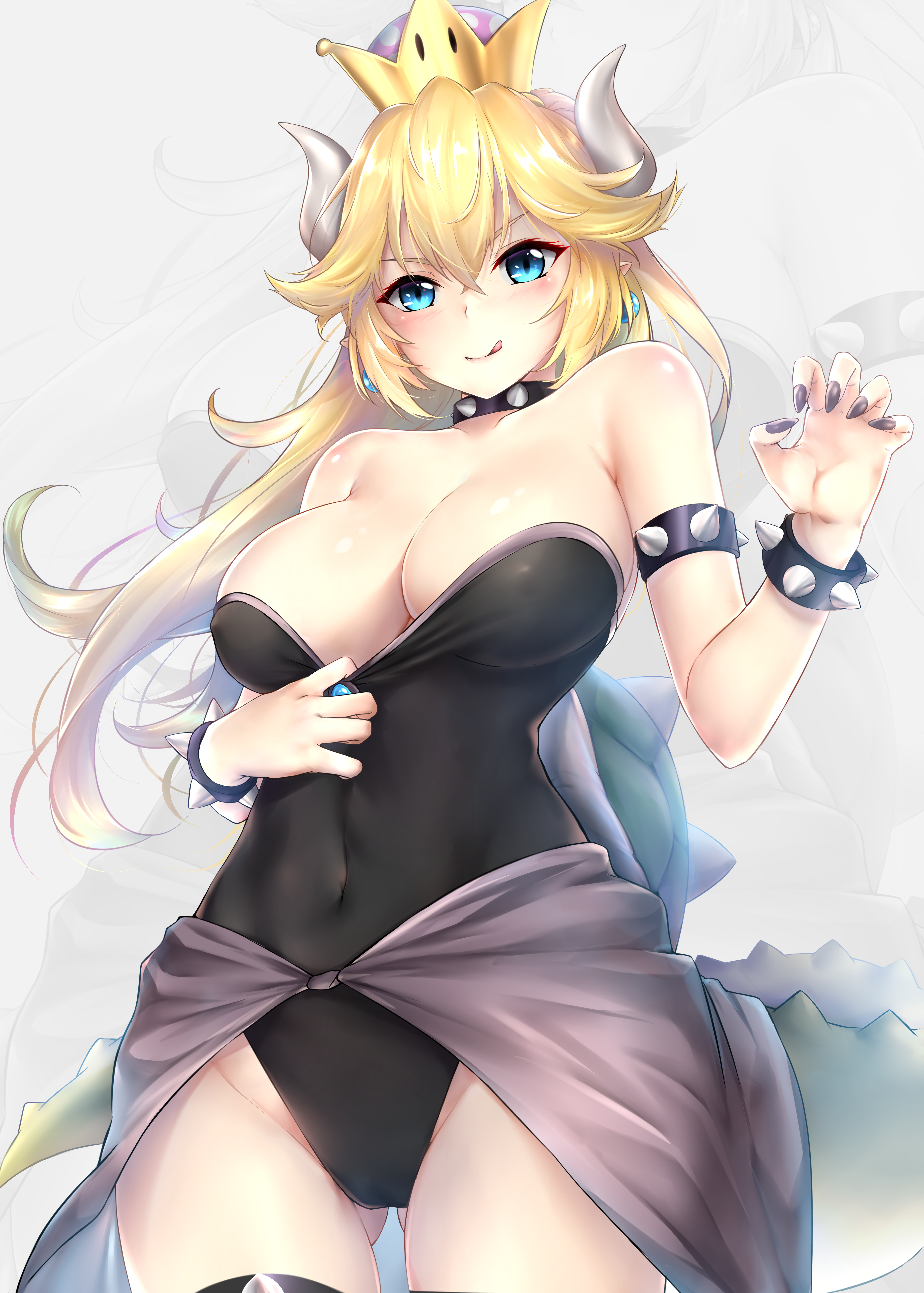 Anime 5000x7000 artwork anime girls big boobs Super Mario Bowsette Rei Kun Mario Bros. blonde blue eyes one-piece swimsuit tight clothing tight dress lifting dress Nintendo horns cleavage standing