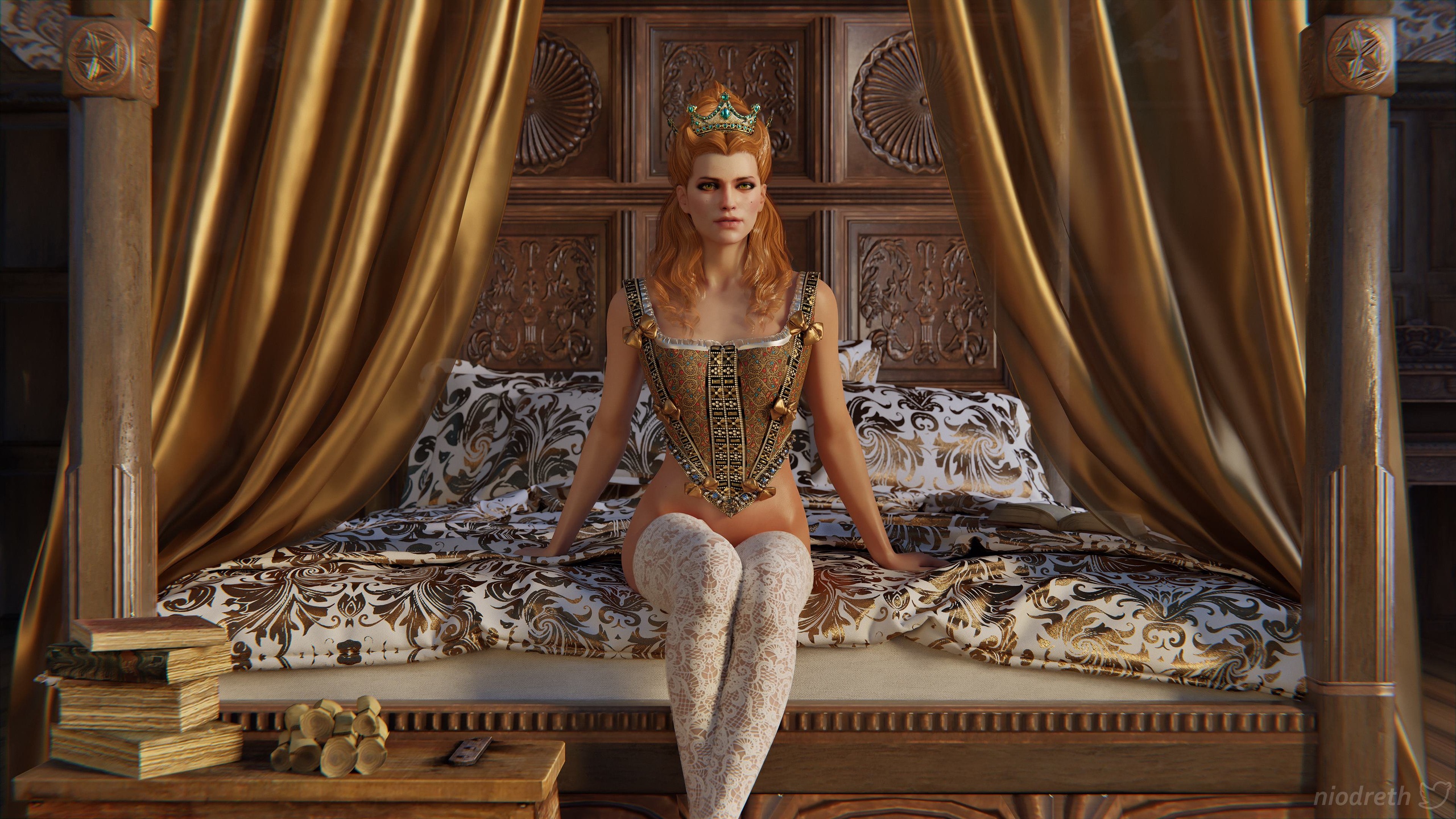 General 2560x1440 The Witcher The Witcher 3: Wild Hunt The Witcher 3: Wild Hunt - Blood and Wine Anna Henrietta bed stockings white stockings crown bedroom queen (royalty) bottomless digital art video games watermarked Niodreth
