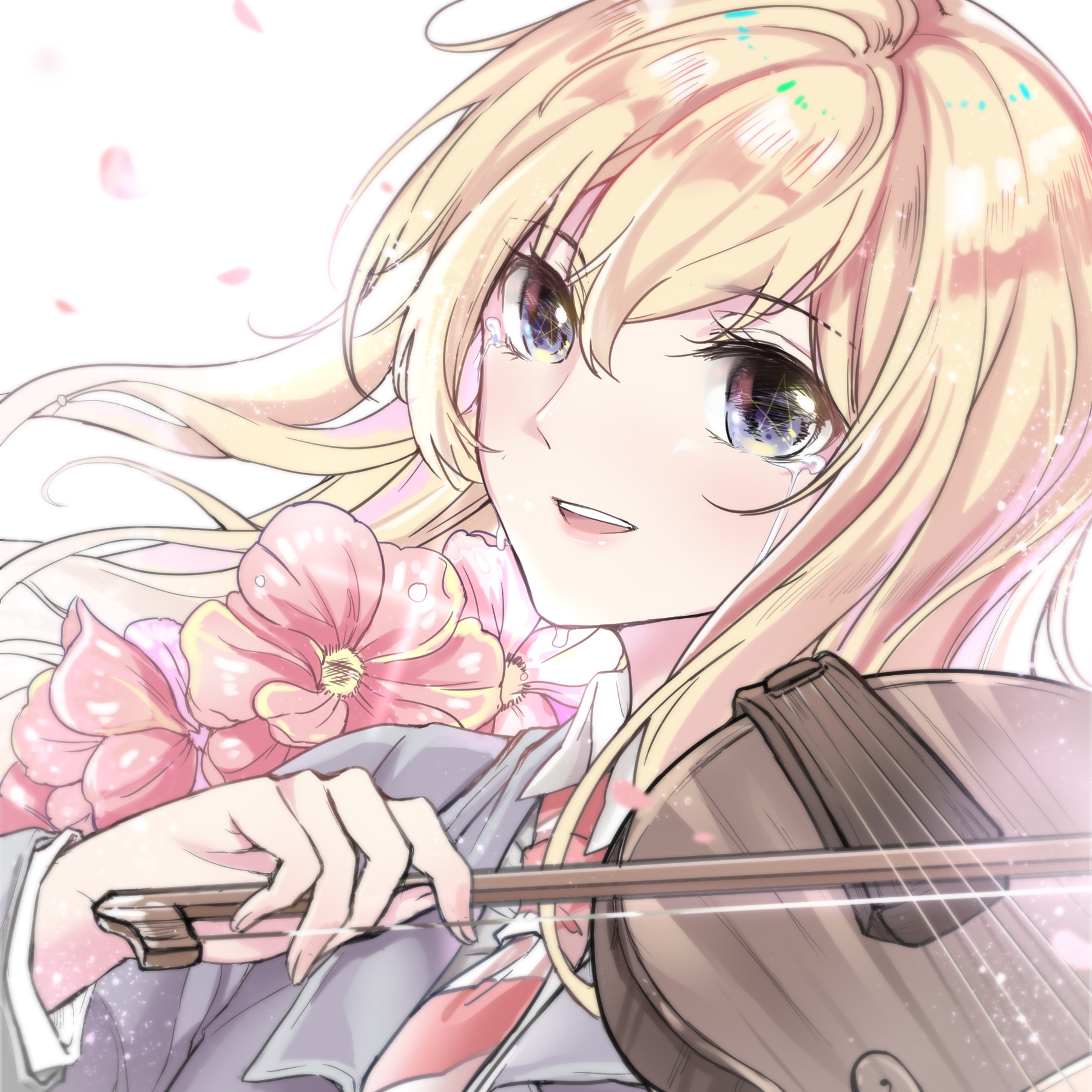 Anime 1800x1800 Shigatsu wa Kimi no Uso Miyazono Kaori crying flowers school uniform violin anime blonde anime girls