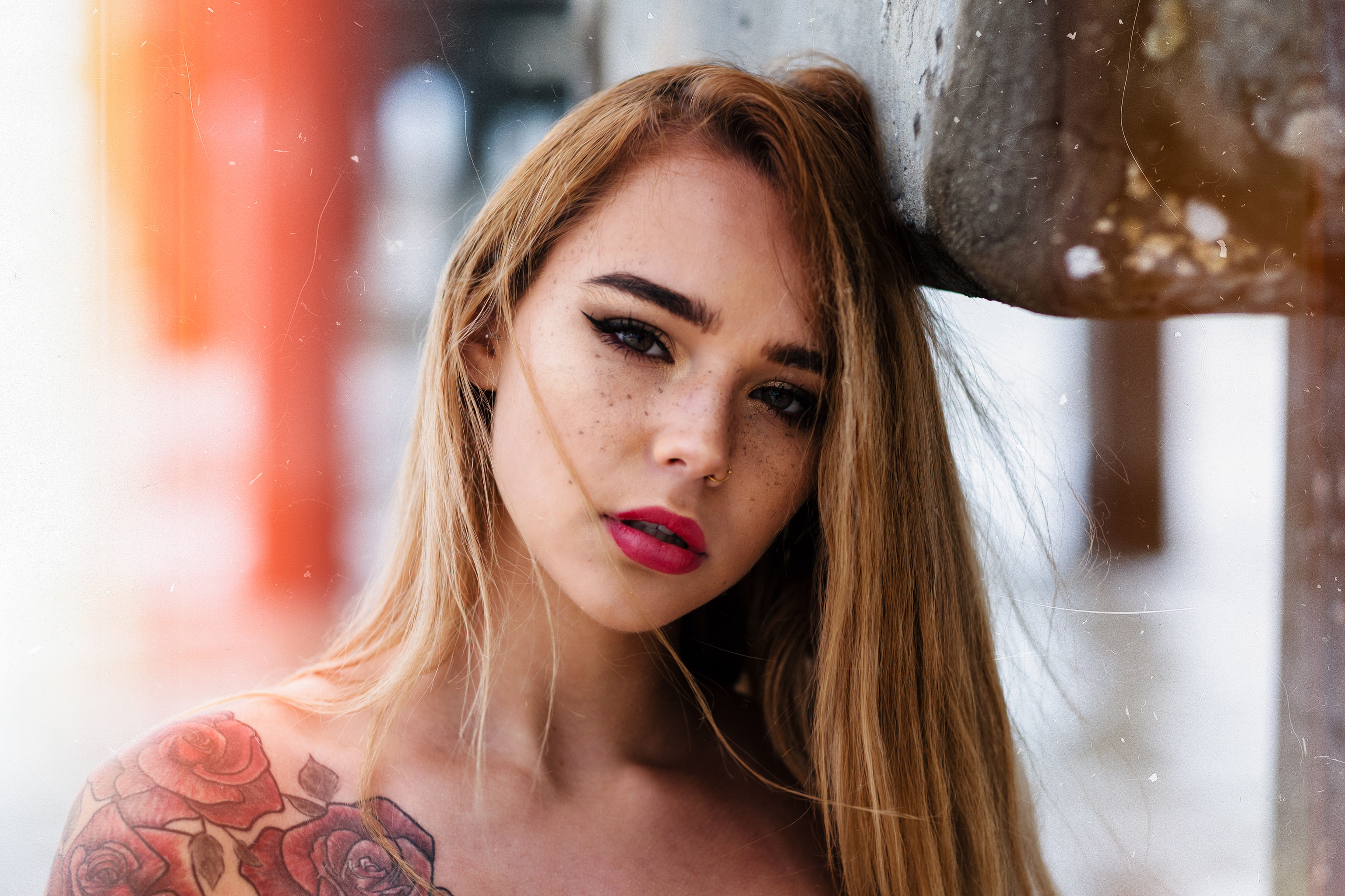 People 3072x2048 women face portrait eyeliner nose ring freckles tattoo blonde Christopher Rankin Maggie Moodie closeup